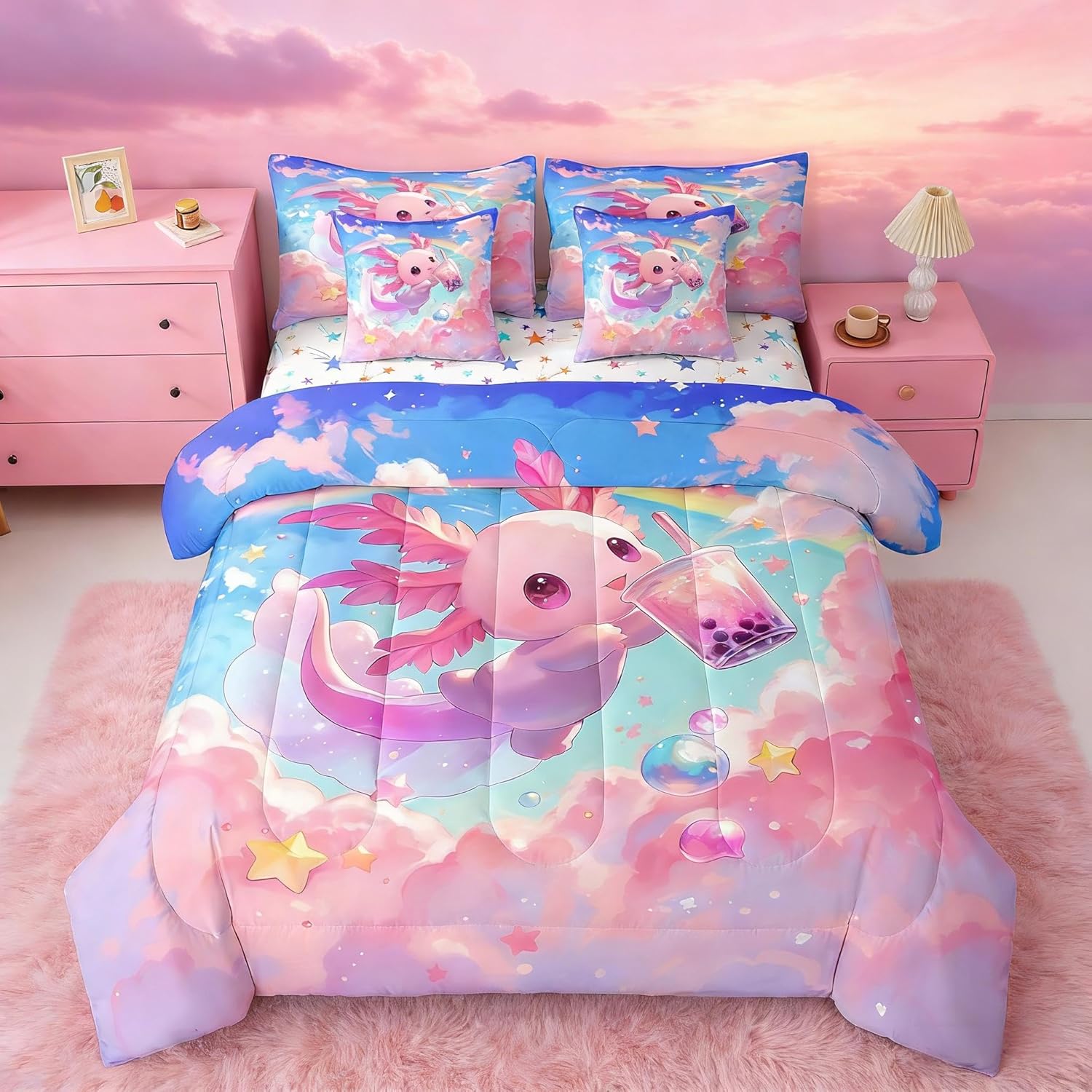 Feelyou Kids Cute Axolotl 7 Pieces Bedding Set Twin Size, Galaxy Cloud Comforter Set with Sheets Boys Girls Cartoon Animal Bed in A Bag Dreamy Rainbow Teens Bed Set Bedroom Decor 7Pcs