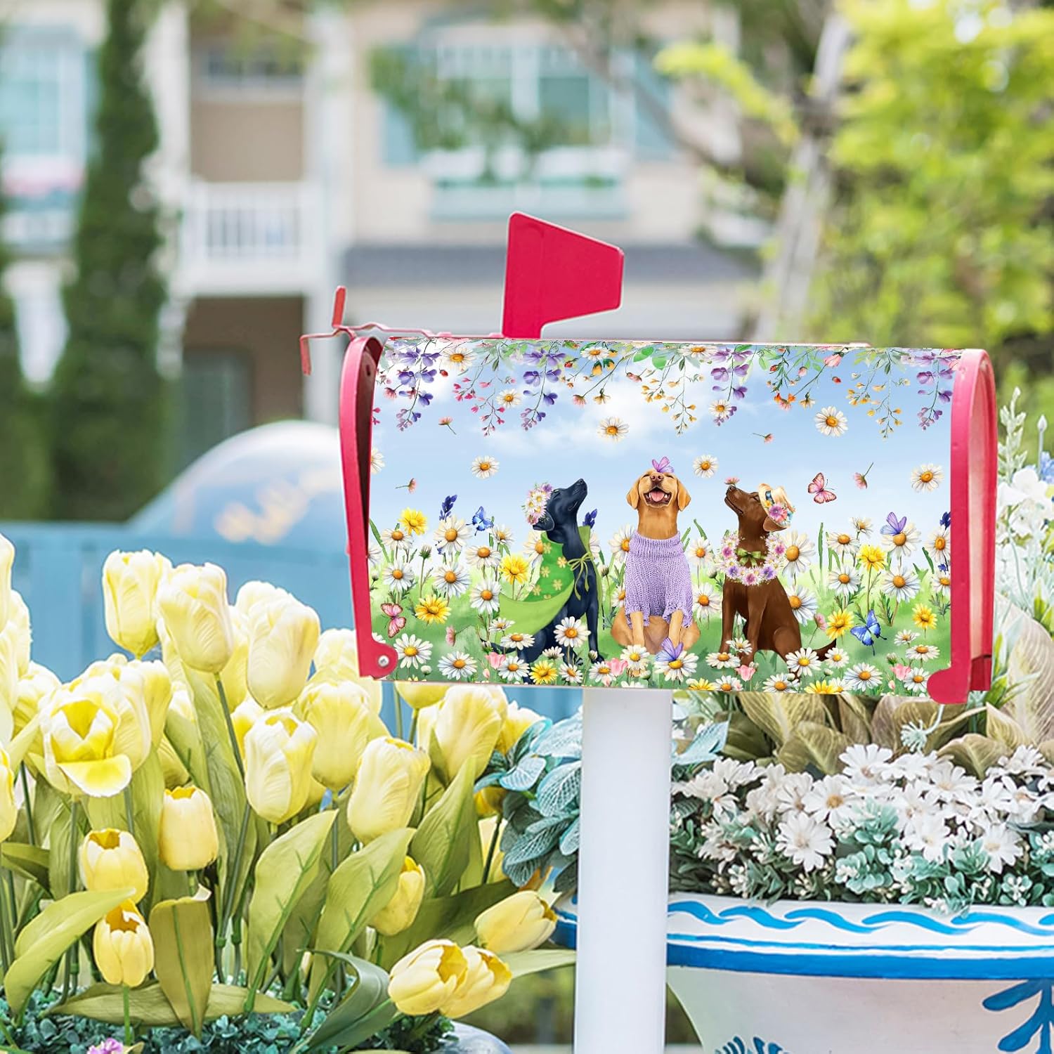 Spring Dog Mailbox Cover with Magnetic 25.5x21Inch Colorful Wildflower Butterfly Puppy Waterproof Mailbox Wrap Letter Post Cover Large Size for Garden Yard Outdoor Season Outside Decor