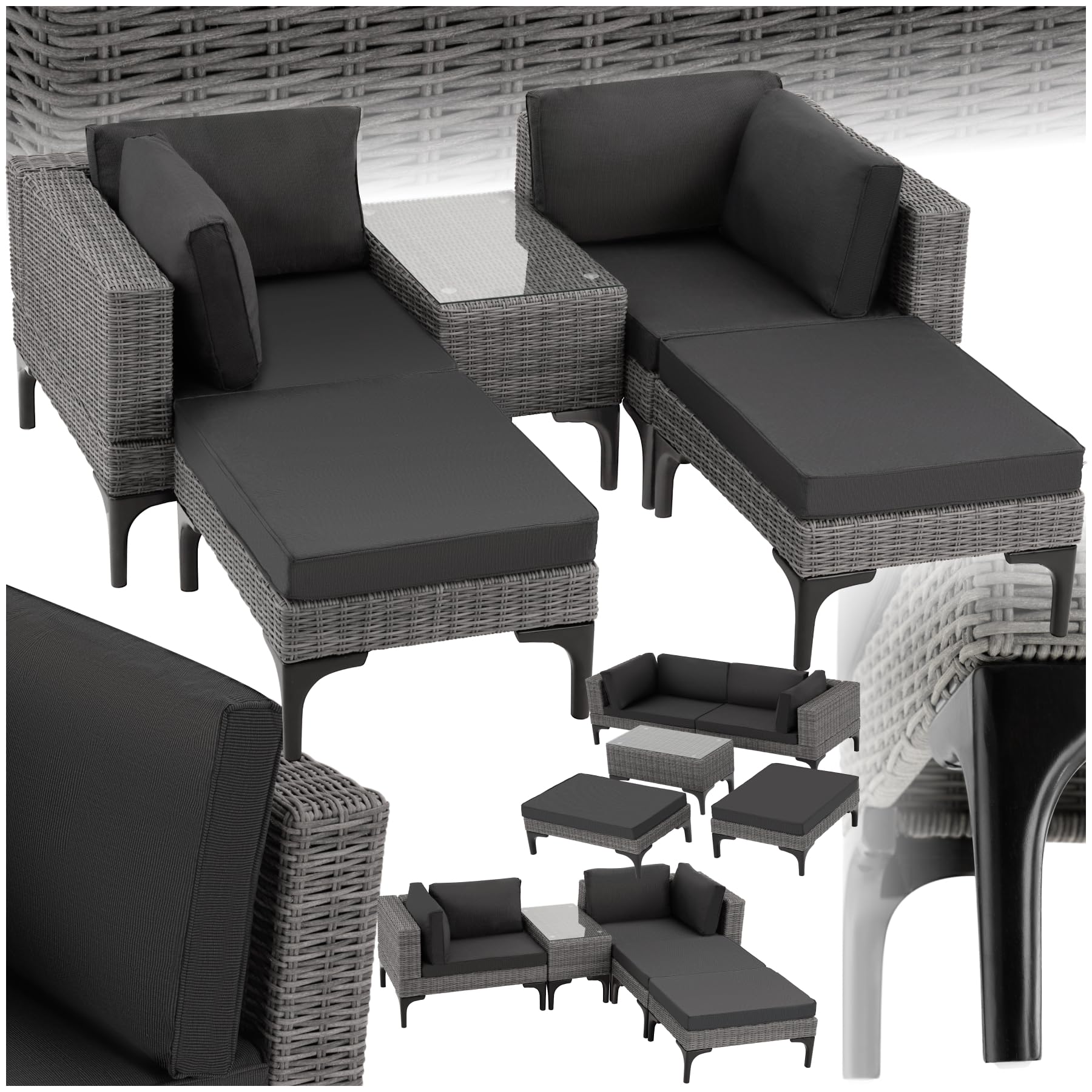 tectake® Outdoor Rattan Lounge, 5-teiliges Gartenmöbel Sofa Set mit Aluminium Gestell, frei kombinierbar, mit Ecksessel, Hocker, Tisch, Gartenlounge, inkl Sitz- und Rückenkissen - grau