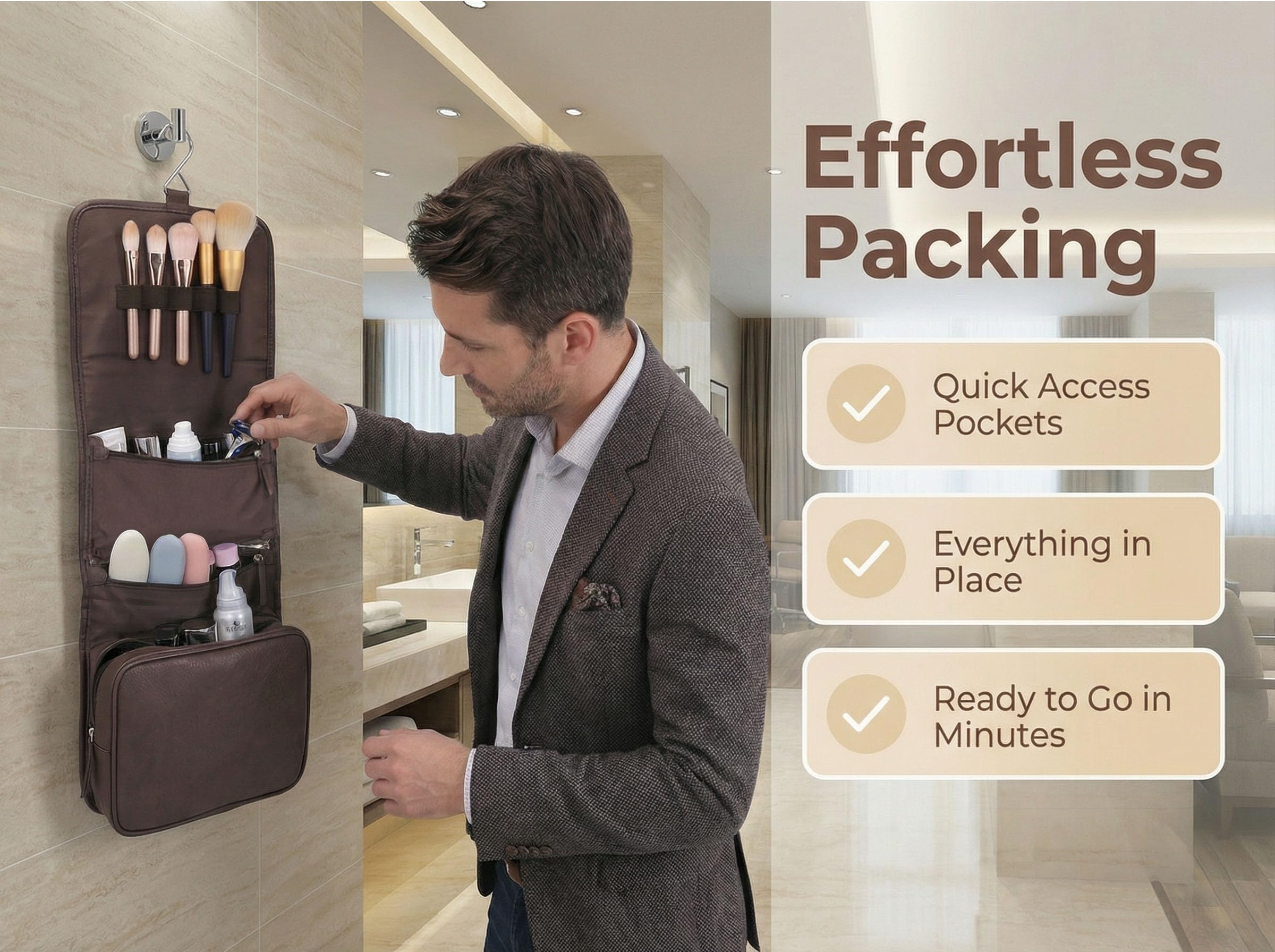 Neceser colgante de cuero para hombre, organizador de afeitado de viaje, bolsa de aseo plegable para artículos de tocador, maquinillas de afeitar, kit de dopp para viajes de