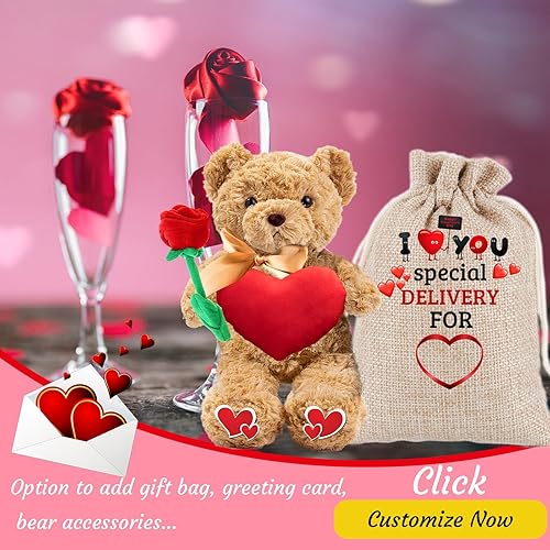 Miniatura 6 de Oso de peluche de San Valentín con corazón, lazo y rosa como regalo personalizado para ella con bolsa de regalo de San Valentín, oso de peluche con