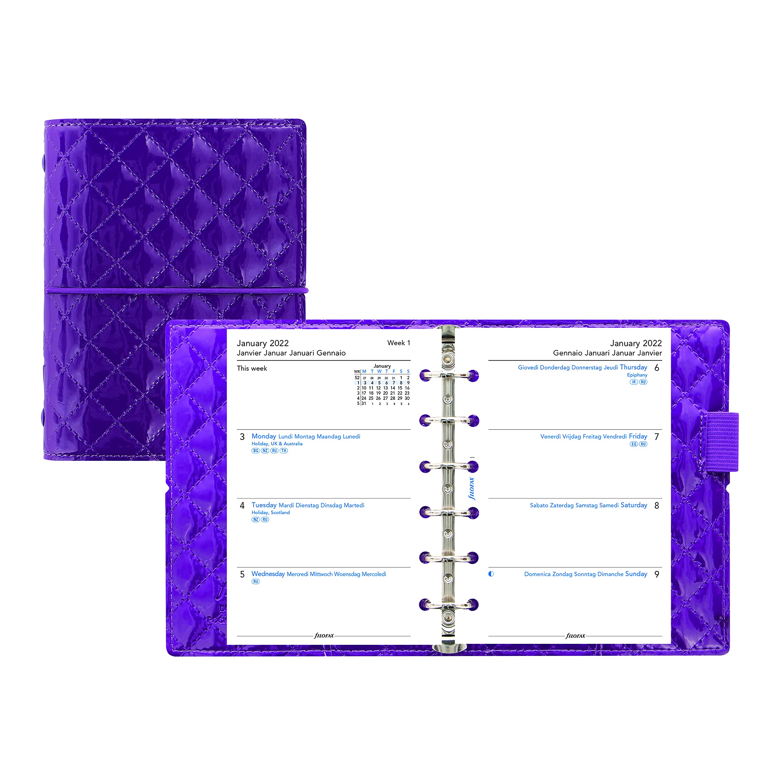 Filofax Domino Luxe Organizer, Taschengröße, Violett – Hochglanz, Bezug mit Steppeffekt, Pariser inspiriert, 6 Ringe, Wochenansicht, Kalender 2022 (C027992-22)