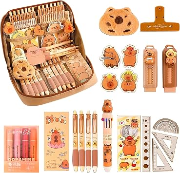 Capybara Pencil Case, 18Pcs Capybara Stationery Set, Cute Pencil Case with Pens Ballpoint Pens Highlighter Rulers Eraser Brooch and Clips for Kids Students Back to School