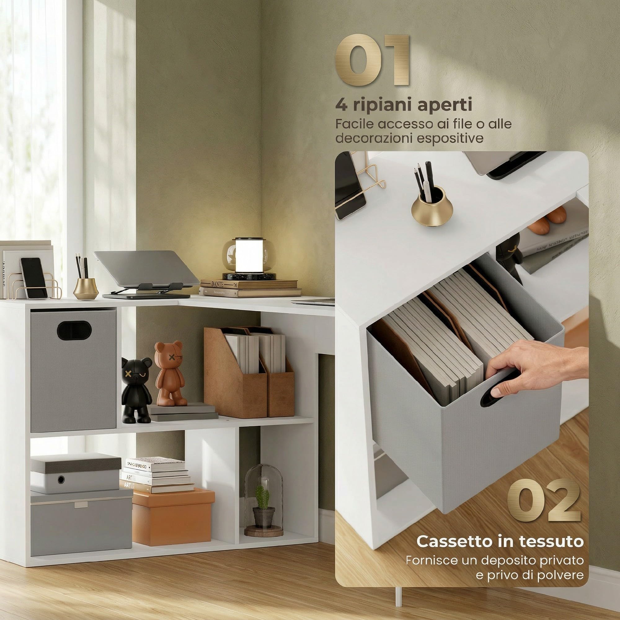 HOMCOM Scrivania Angolare per Computer 110x100 cm con Scaffale Bianco | Scrivania a L, Cassetto in Tessuto, Tavolo per PC, per Ufficio Studio e Camera da Letto, ad Angolo