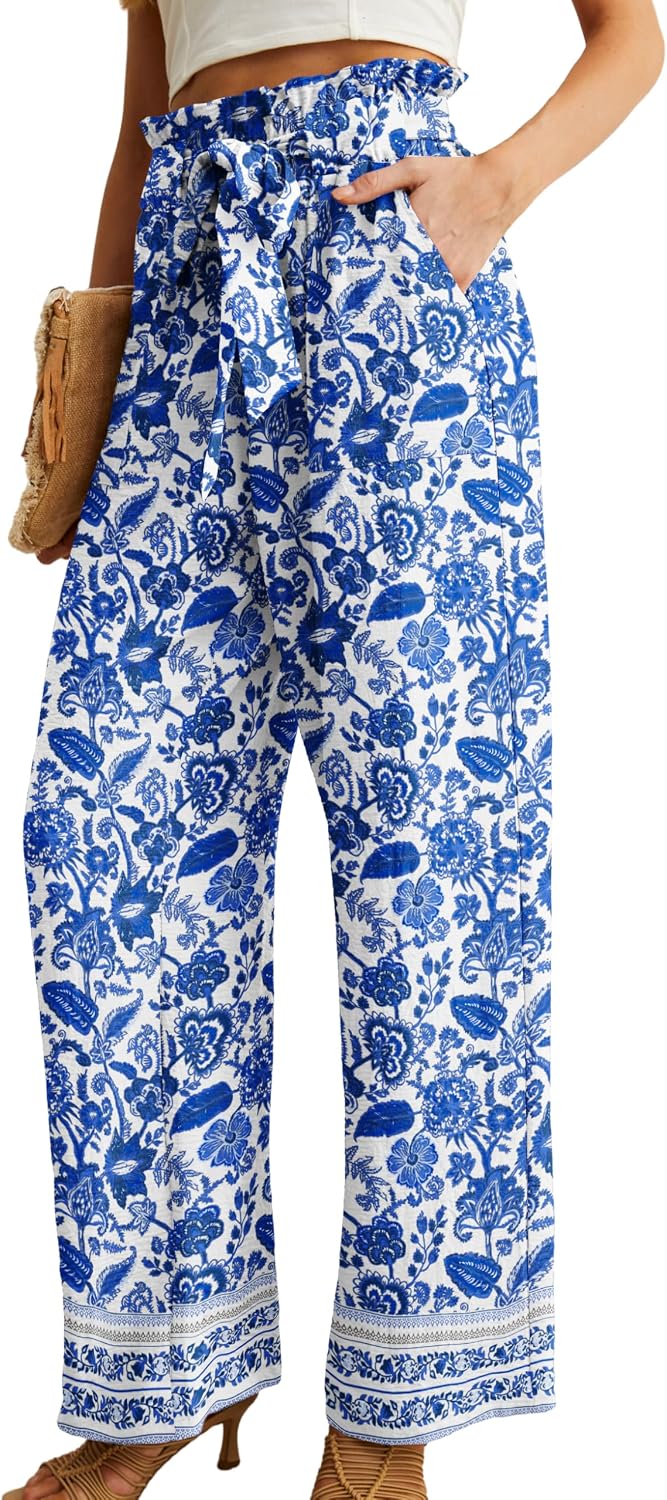 IWOLLENCE Women High Waist Palazzo Pants, Adjustable Knot Ankle Wide Leg Trousers Pockets Beach Vacation Lounge Office thumbnail