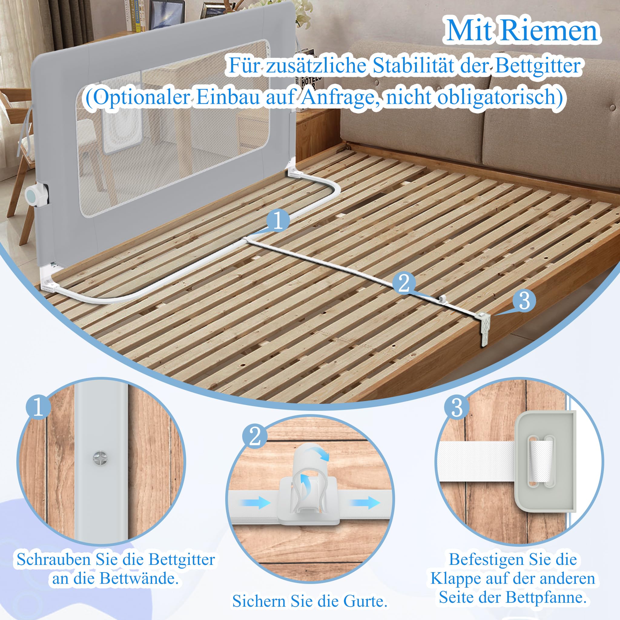 Aufun Bettgitter Rausfallschutz Portable 180cm, Faltbar Kinderbettgitter für Kinder Babybettgitter Klappbar, Tragbar, Bettschuztgitter Bett für Babys und Kinder im Elternbett, Grau