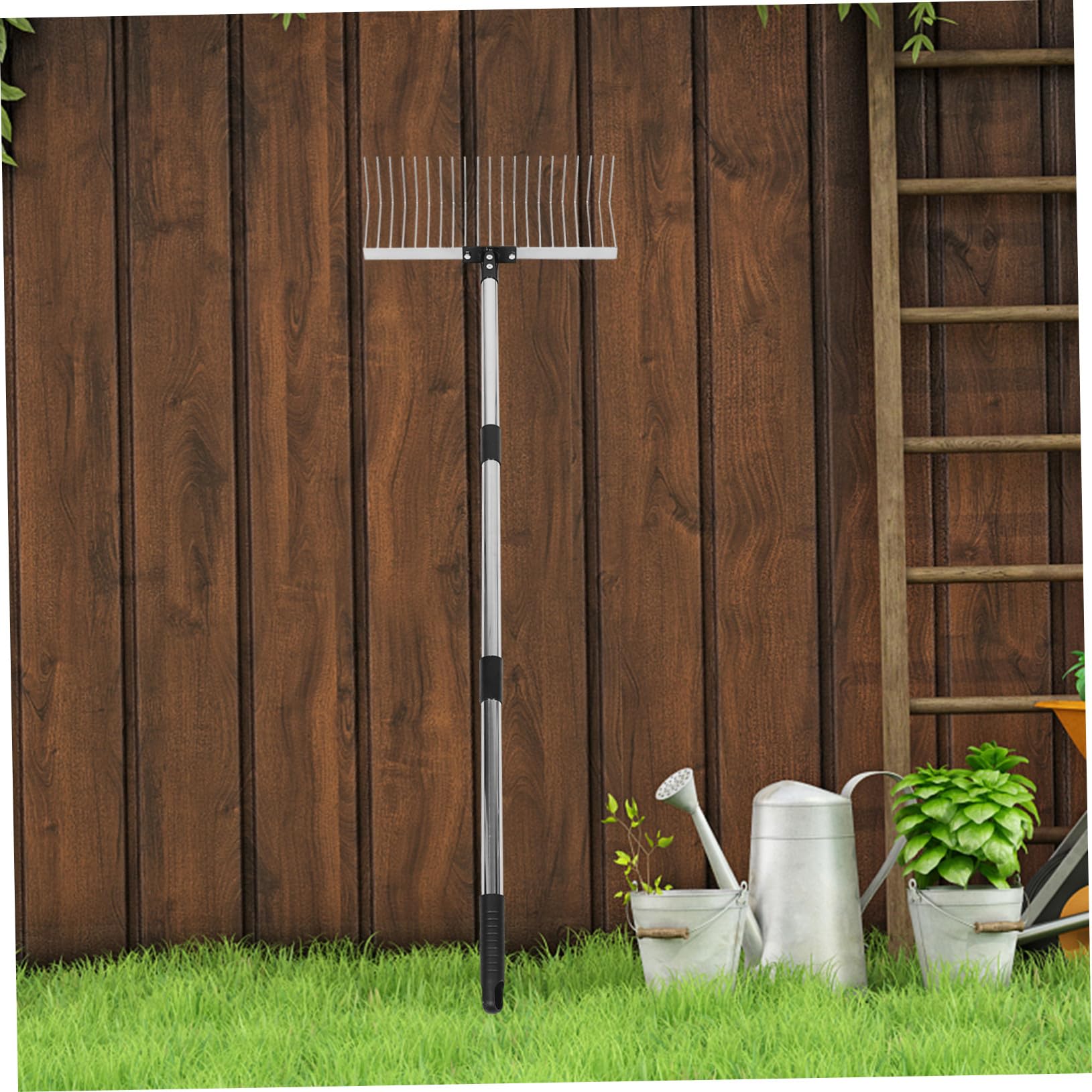 Verstellbarer Rasenrechen mit 21 Zähnen aus Edelstahl Ergonomisches Design und Abnehmbarer Griff für Gartenarbeit und Grasentfernung