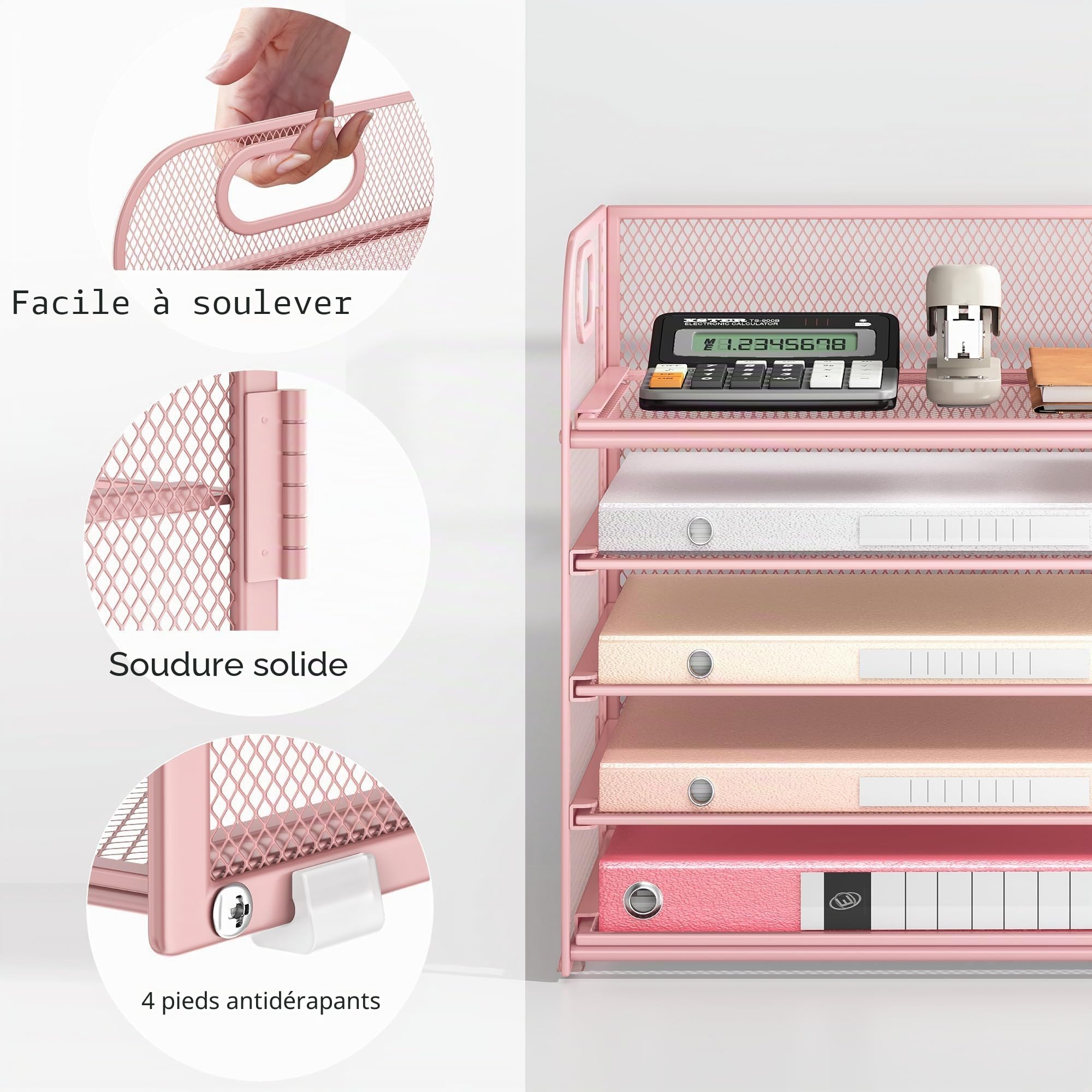 VITVITI Organiseur de Bureau à 5 Niveaux - Porte-Documents empilable avec poignée - Fournitures de Bureau pour Documents A4, Papier, Livre, Magazine - Rose