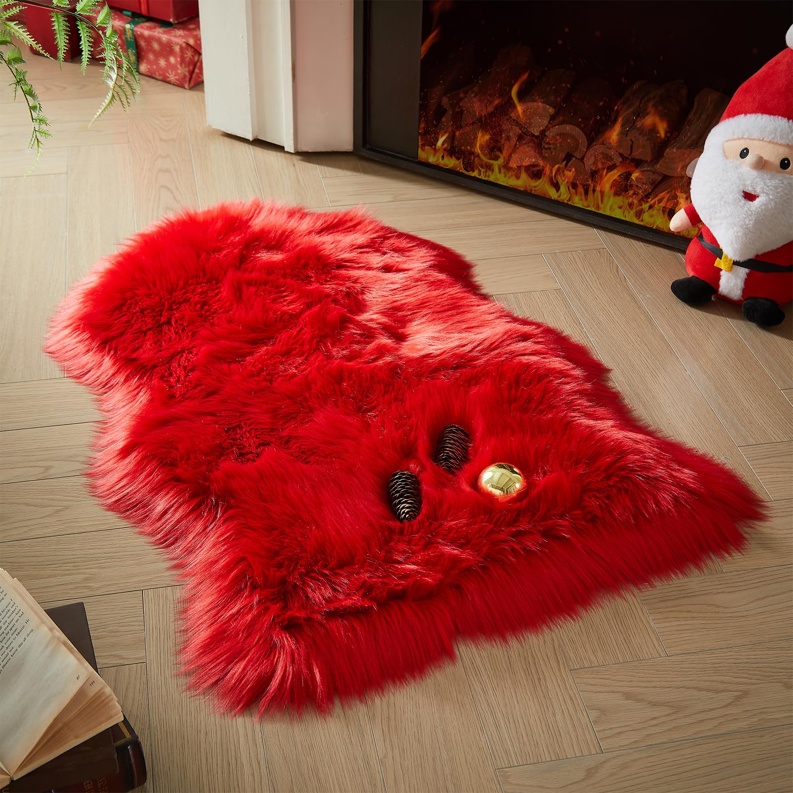 AMTOVO Faux Fur Rug, Red Small Area Rug, Fluffy Sheepskin Rug, Fuzzy Ultra Soft 2 x 3 ft Shag Rugs for Bedroom Sofa Throw Cushion Room Decor,