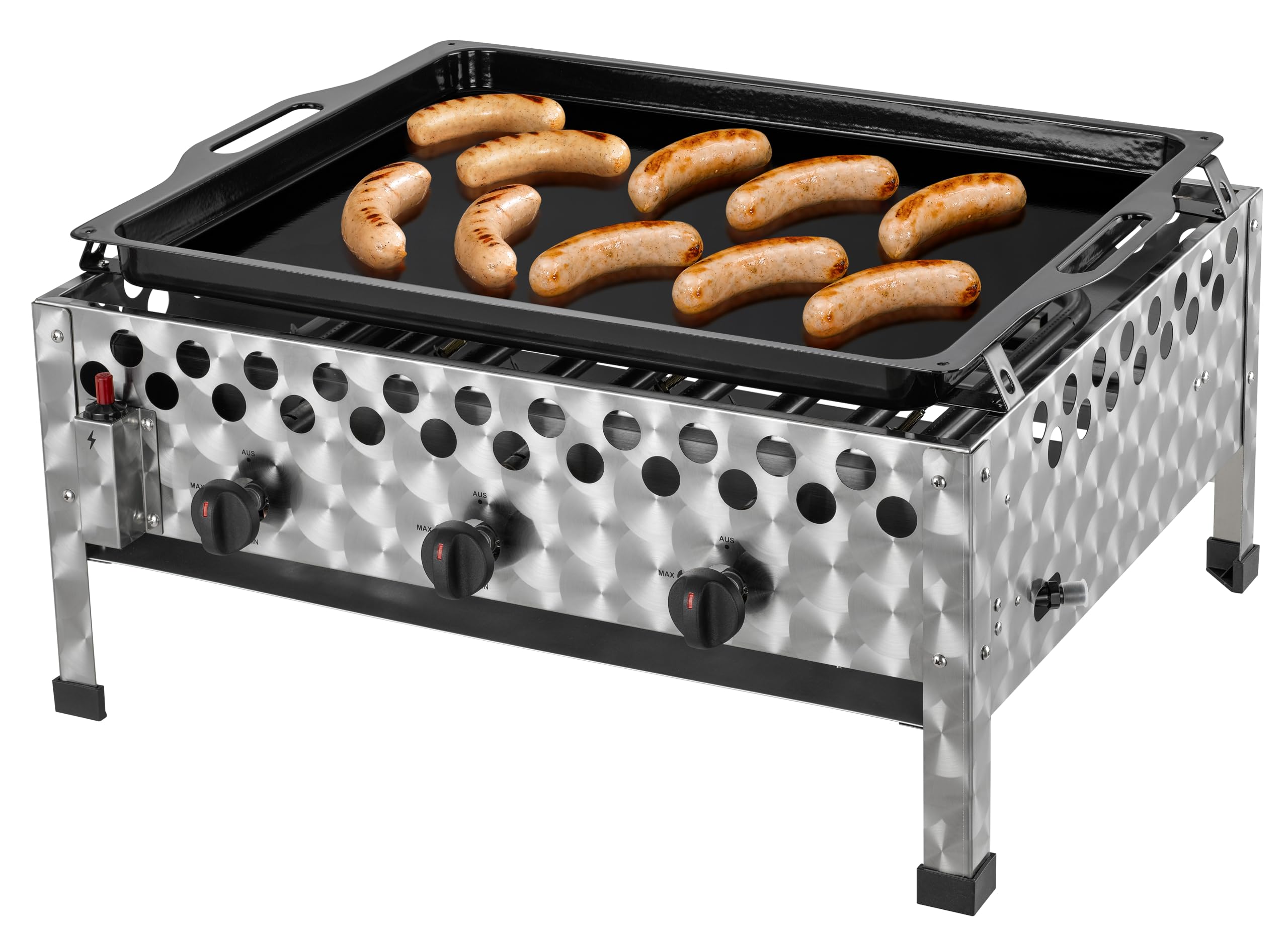 tepro Gasgrill Wurstbräter mit Grillpfanne, 3 Edelstahl-Brenner je circa 4 kW, Grillfläche circa 56,5 x 46,5 cm, Maße circa 60 x 54,5 x 28,2 cm