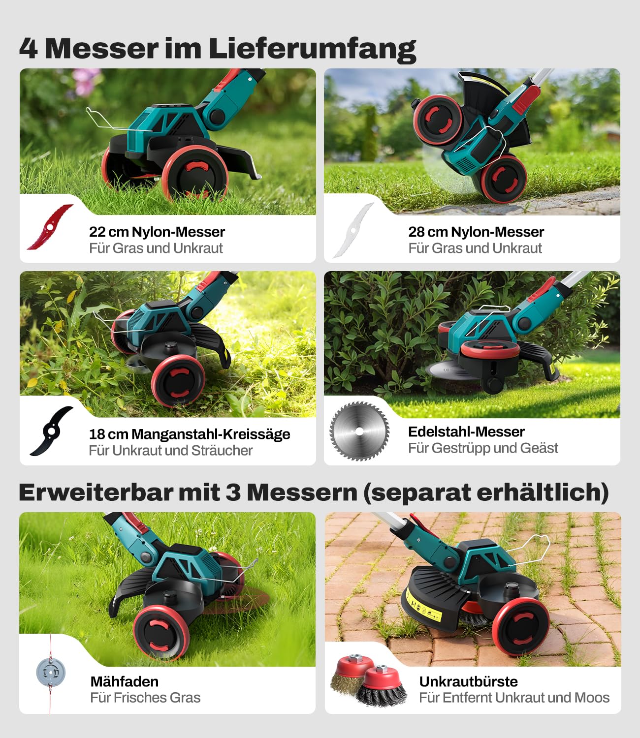 Desbrozadora inalámbrica 3 en 1 compatible con baterías Makita de 18 V | Desbrozadora para cortar, bordes y arbustos | Motor sin escobillas, mango telescópico y cabezal giratorio (sin batería