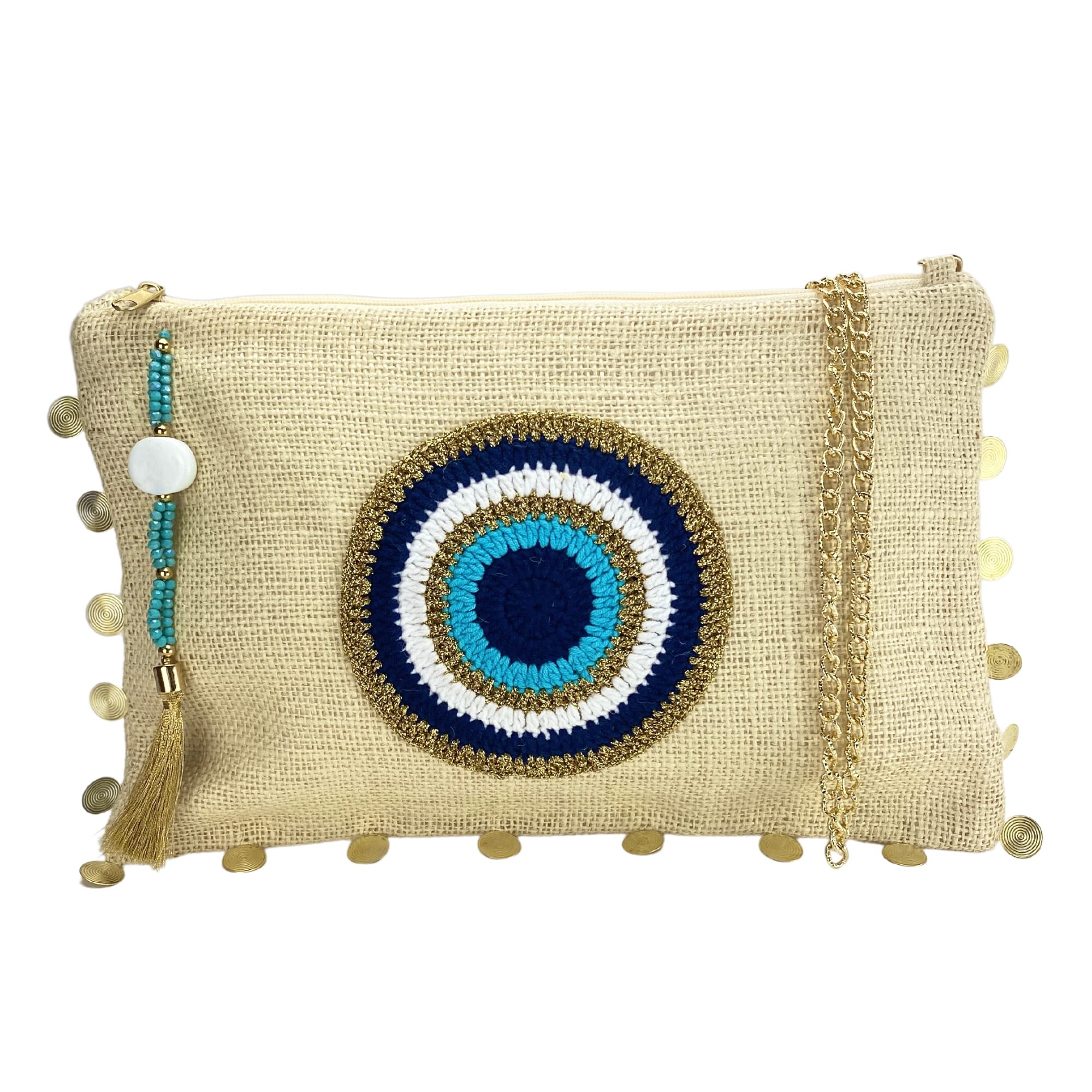 KarensLine HandmadeWomen Clutch Bag Jute Purse Zipper Closure Chain Strap Off-White Gold, Off-white, Medium