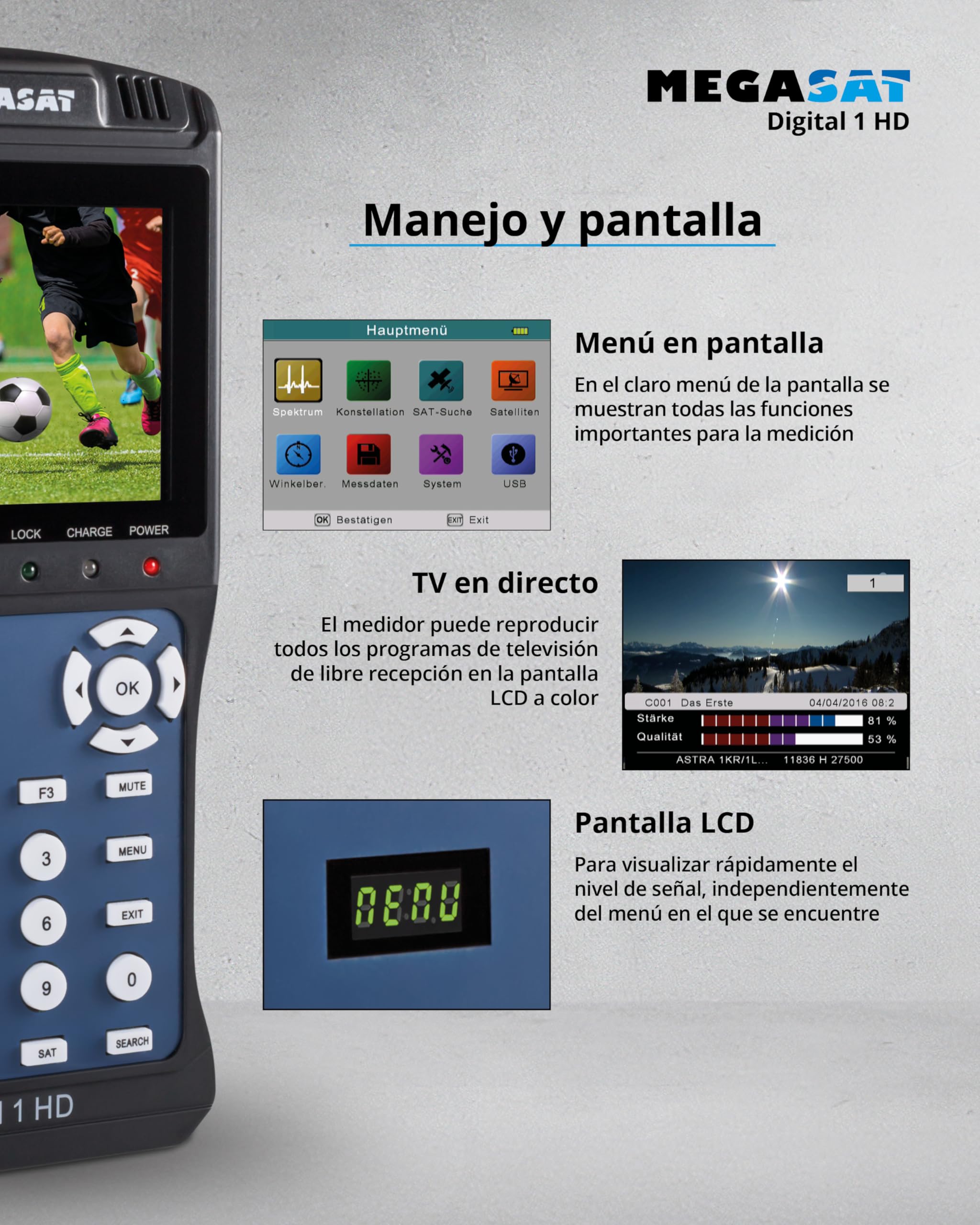 Megasat Digital 1 HD – Medidor de señal satélite, Imagen de TV en Directo | Para DVB-S & DVB-S2, pantalla a color de 3,5", Unicable, batería