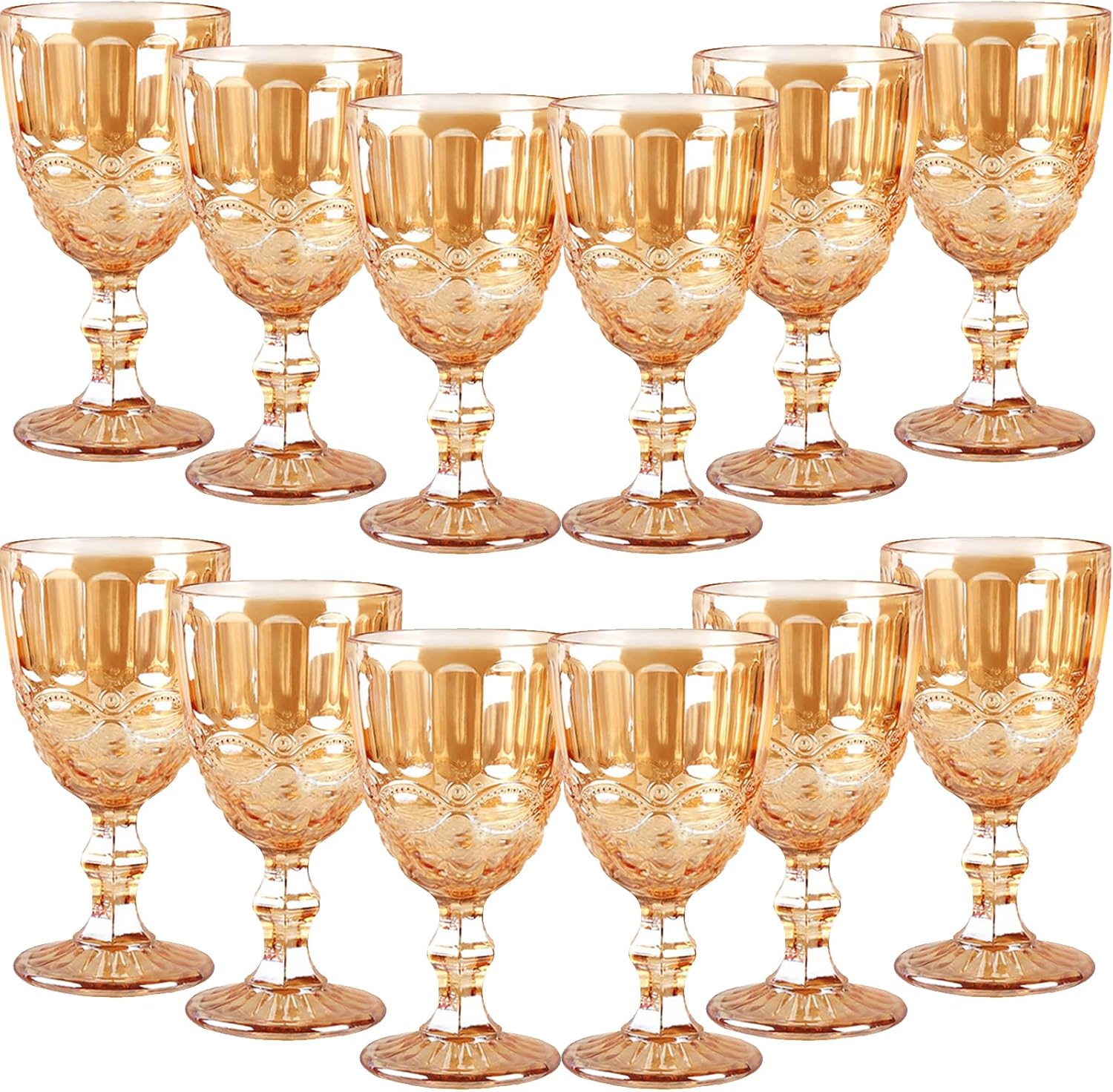 12 Pcs Vintage Wine Glasses, 10 Ounces Colored Glass Water Goblets, Unique Embossed Pattern High Clear Stemmed Glassware Wedding Party Bar Glass Drinking Cups, Floral Amber Glasses Set of 12