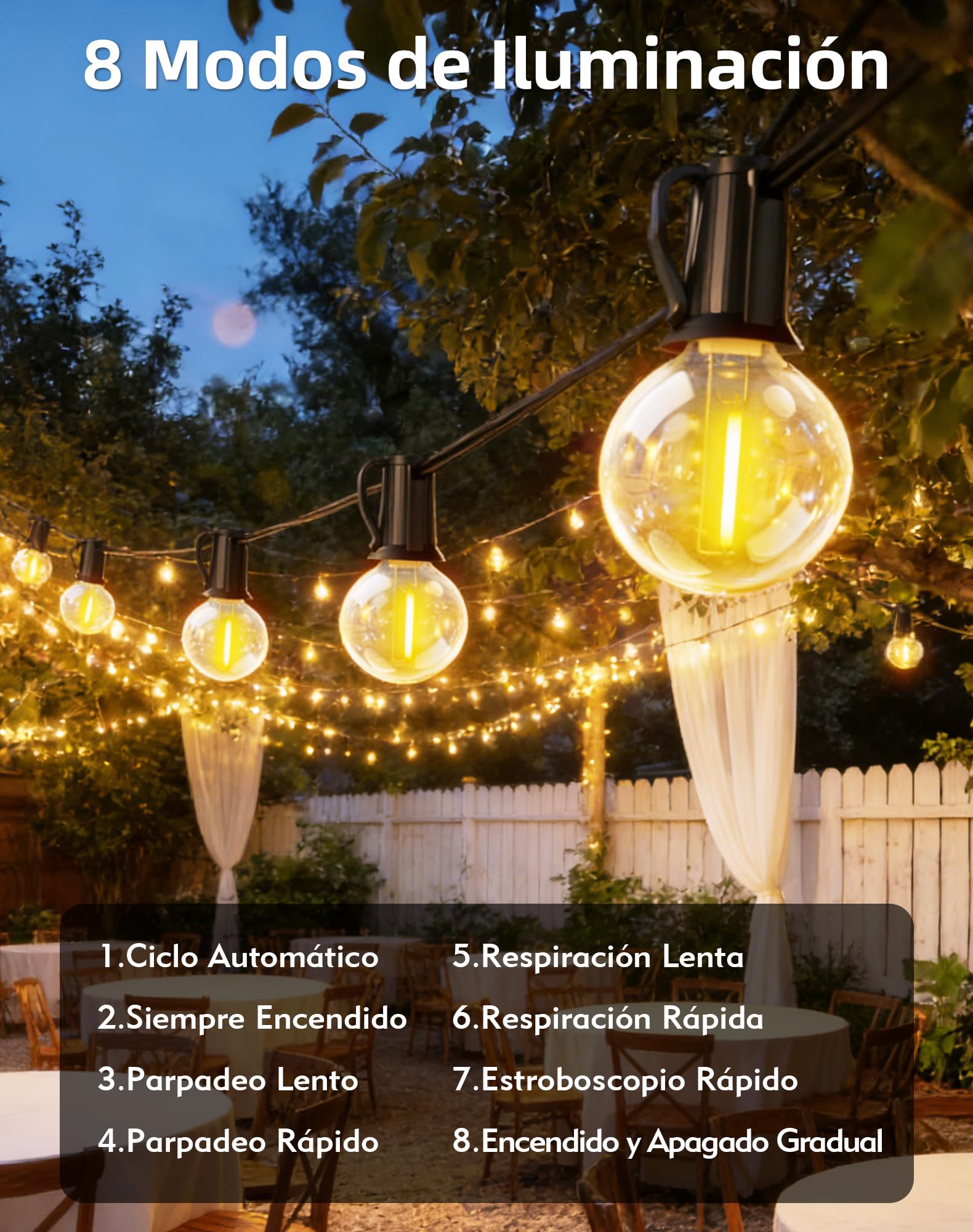 Guirnaldas Luces Exterior Solar 15M 25+3 LED G40 Bombillas Cadena Luces Jardín con Batería 3600 mAh, IP44 Impermeable, 8 Modos, Control Remoto Luz Decoración para Terraza, Patio, Boda, Fiesta