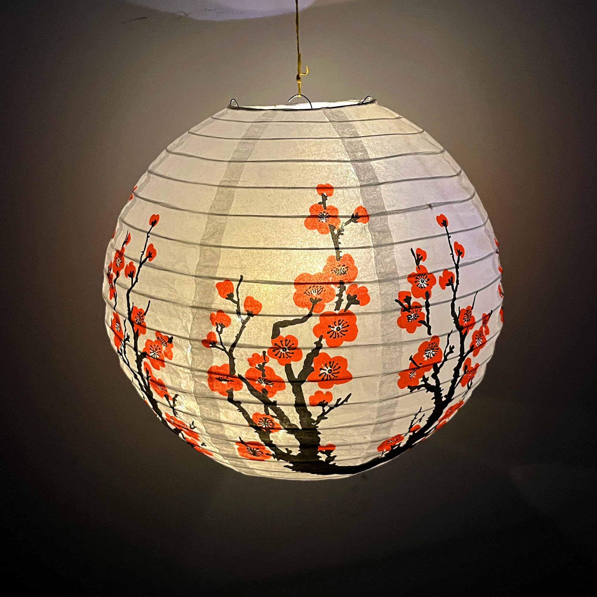 Paper Lampshade Hanging Light Shade 30cm, Oriental Ribbed Japanese Ceiling Fixture with Cherry Blossom & Floral Patterns - Image 2
