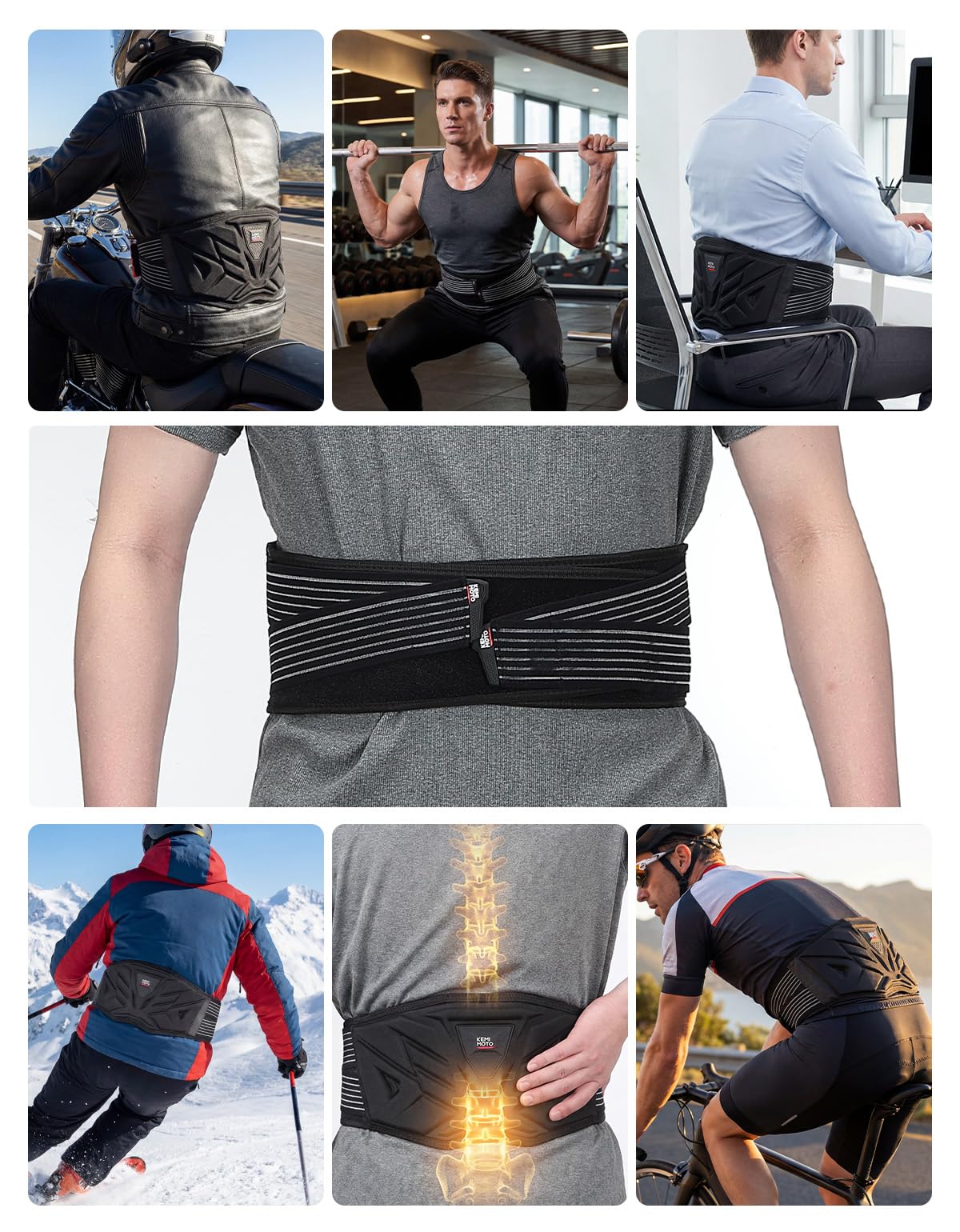 KEMIMOTO Fascia Lombare Moto Unisex, Supporto Lombare Elastica con Guscio Rigido in EVA, Cintura Lombare Traspirante Regolabile per Motociclismo, Ciclismo