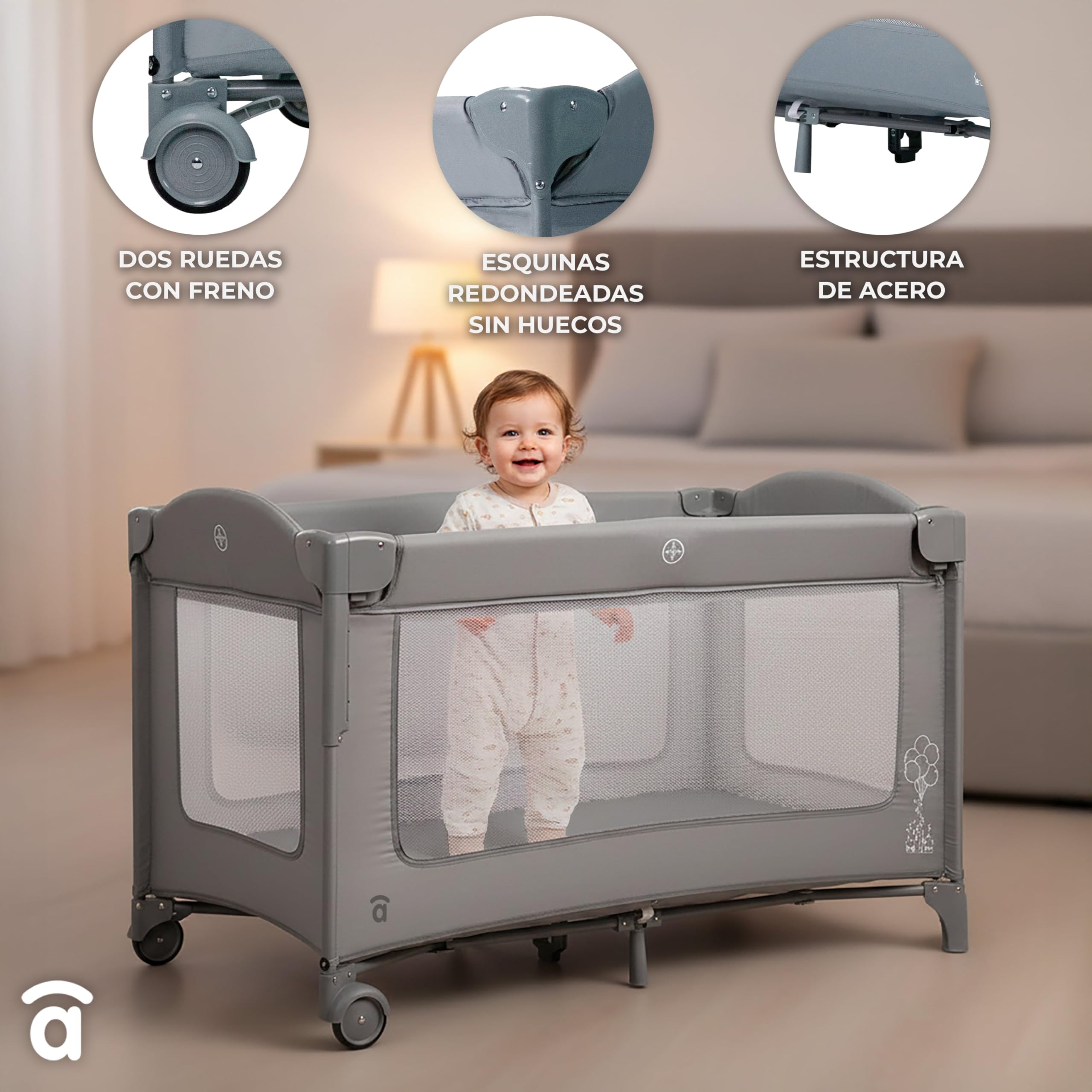 Asalvo Cuna de Viaje Colecho Together 2 en 1 – Cuna Bebé Plegable con Doble Altura, Correas de Seguridad, Ruedas con Freno y Bolsa Transporte – Desde Nacimiento hasta 15 kg – Gris