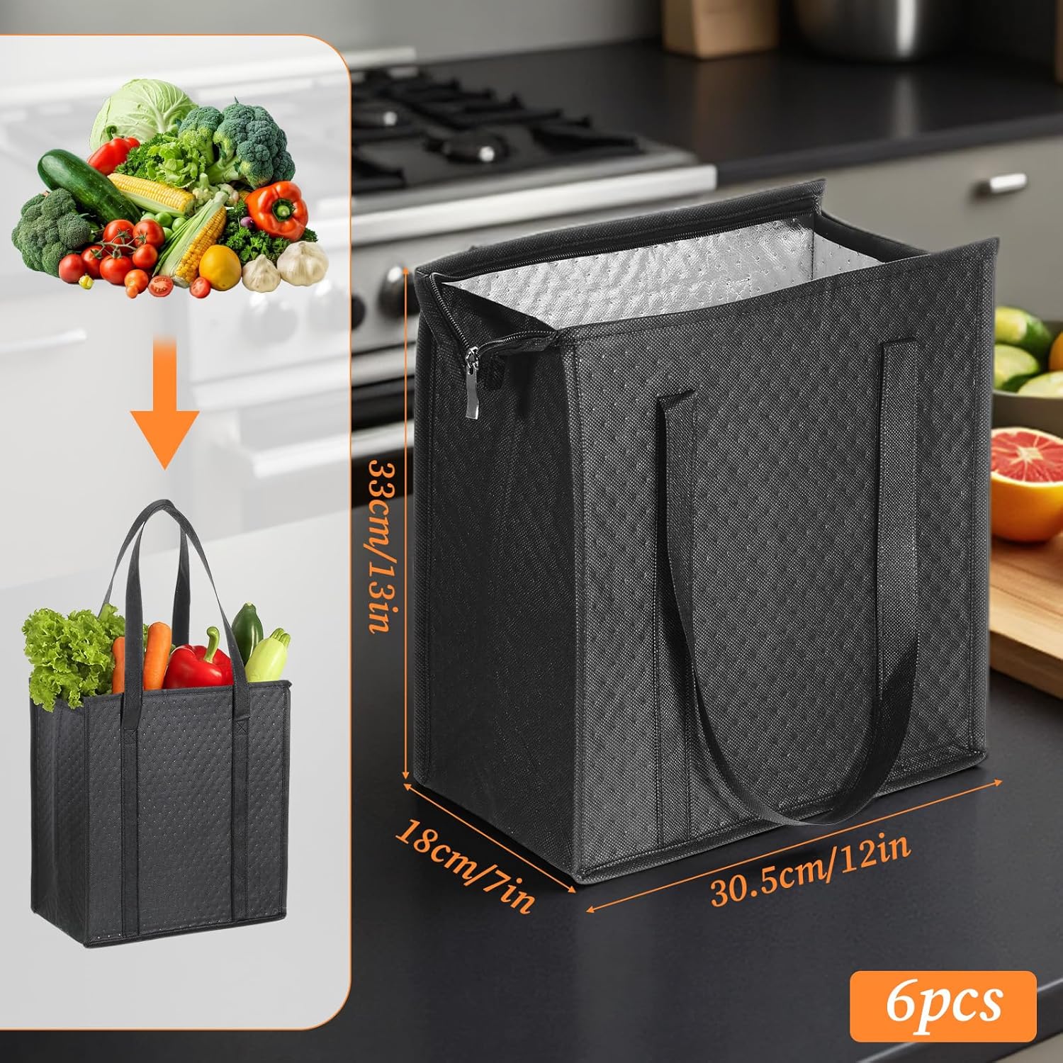 6Pcs Hot and Cold Insulated Grocery Bags Reusable Insulated Shopping Bags Cooler Tote Bag for Groceries Food Grocery Tote for Frozen Foods, with Zippered Top - Image 3