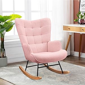Silla mecedora de terciopelo Teddy para dormitorio y sala de estar, respaldo a cuadros (rosa)