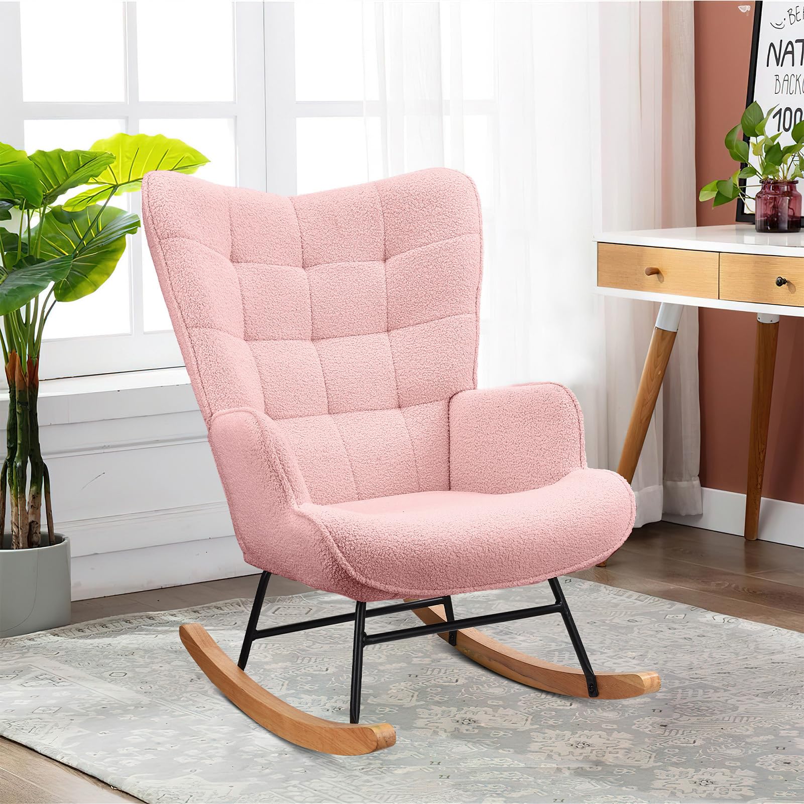Sedia a dondolo Sedia a dondolo scandinavo, Allattamento Poltrona, Scandinavo, Sedia per Tempo libero e Riposo in Tessuto con Piedi in Legno Metallo per Soggiorno, Camera da Letto (Rosa)