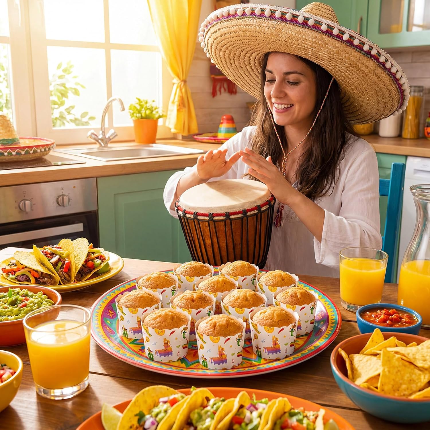 Potchen 100 Pcs Fiesta Cupcake Liners Cinco De Mayo Mexican Paper Baking Cups Scalloped Cactus Donkey Maraca Sombrero Muffin Cups Cases for Baby Shower Birthday Mexican Party Supplies