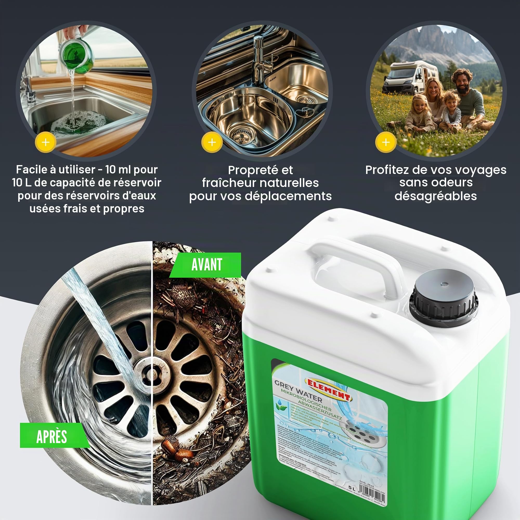 Additif pour réservoir d'eau grise pour camping-car - 5 litres - Concentré - Additif microbiologique pour réservoir d'eau grise - Nettoyant contre les odeurs désagréables - Additif pour réservoir