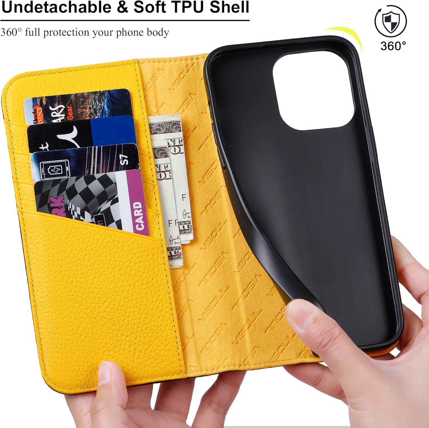 VISOUL Pebbled Genuine Leather Case for iPhone 15 Pro Max Wallet Case with Card Holder Kickstand Magnetic Flip Folio Cover for iPhone 15 Pro Max (6.7 inch)-Blue+Yellow