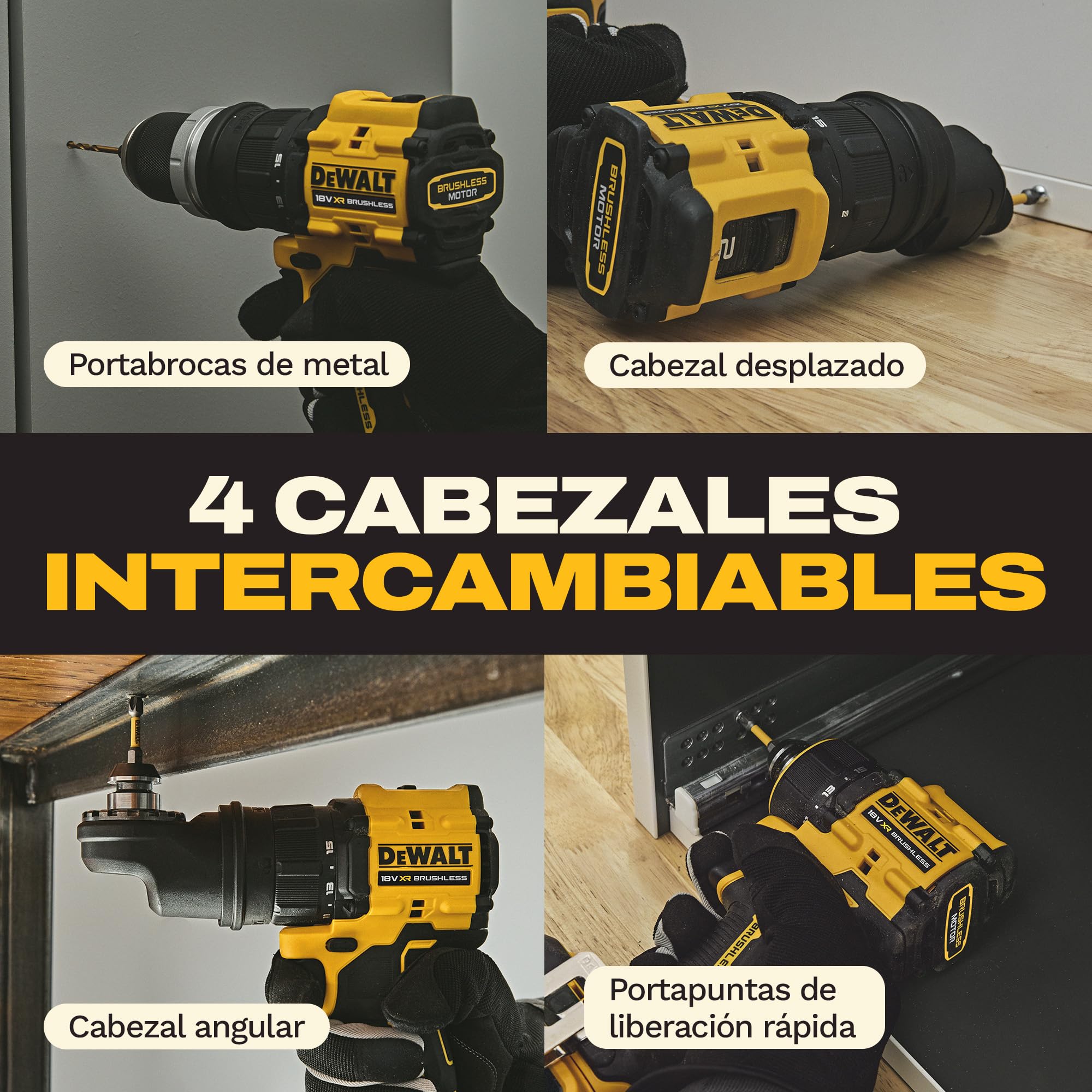 DEWALT Taladro atornillador 18V XR con 4cabezales intercambiables, bolsa de transporte blanda y juego de 10 llaves de atornillar FLEXTORQ de 57 mm (PH y PZ) con llavero, solo herramienta, DCD803KN-XJ