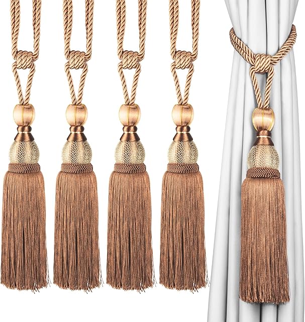 4 Pack Tassel Curtain Tiebacks Mesh Ball Tie Backs for Curtain European Vintage Style Curtain Holdbacks Handmade Braided Rope Home Office Decoration (Brown)