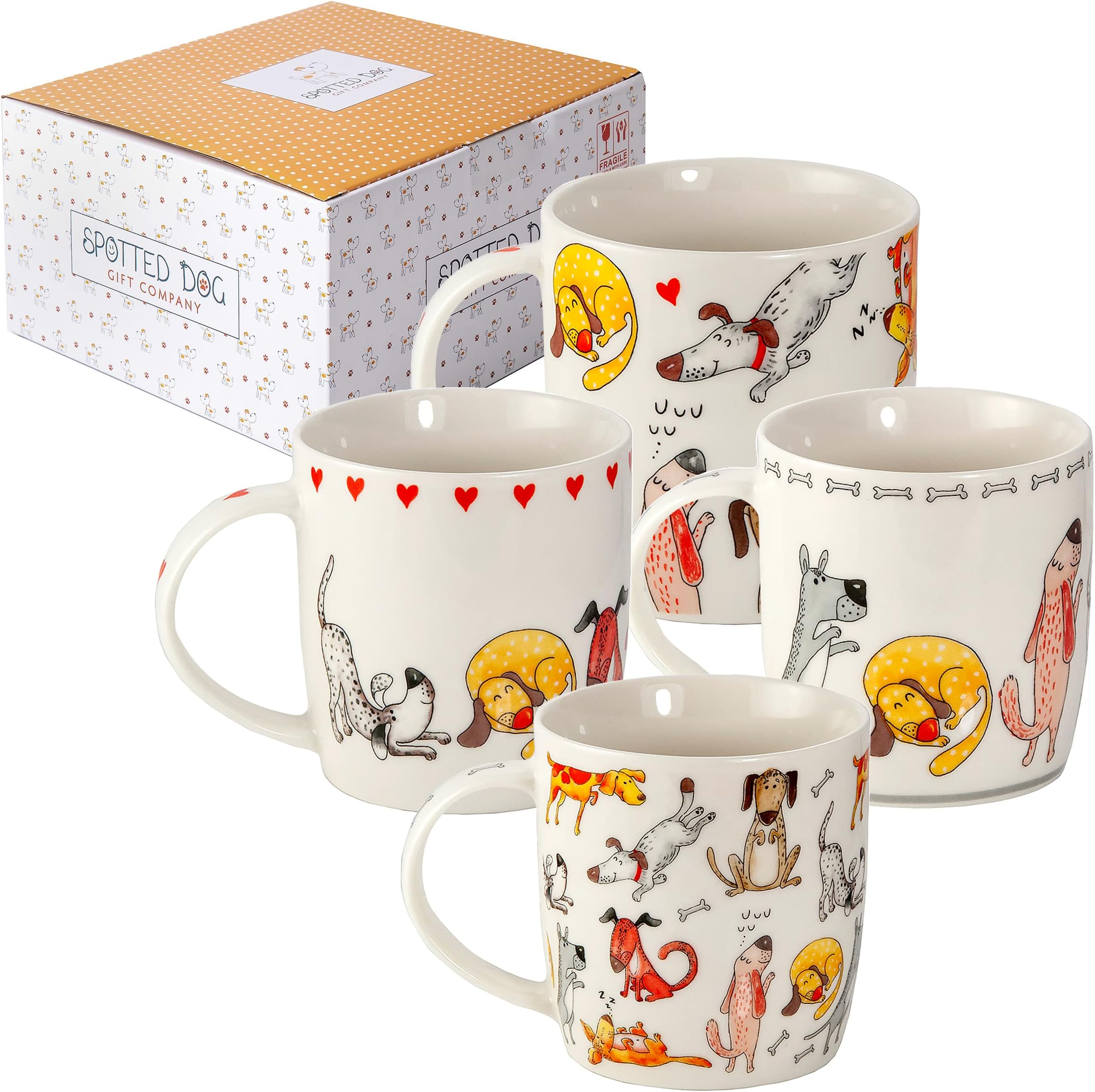 SPOTTED DOG GIFT COMPANY Dog Mugs Set of 4 – 350ml Ceramic China Coffee Mugs & Tea Cups - Funny Cute Dogs Themed | Dog Lover Gifts & Presents for Women, Men & Kids
