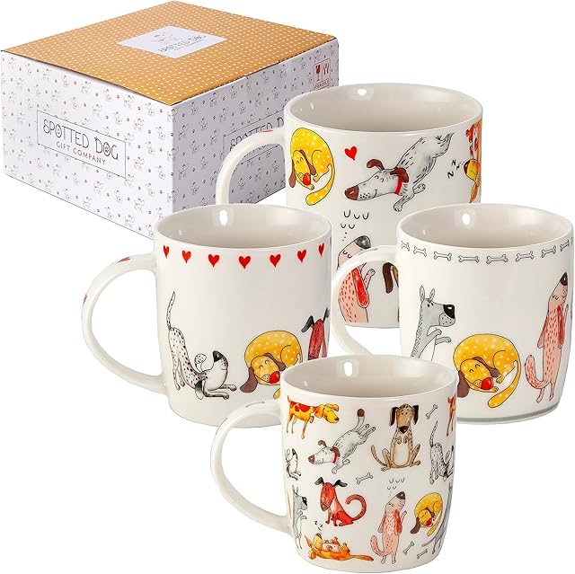 Set of 4 Dog Mugs Cups for Tea Coffee and Hot Drink with Funny Dogs Porcelain China, Dog Lovers Gifts for Women and Men