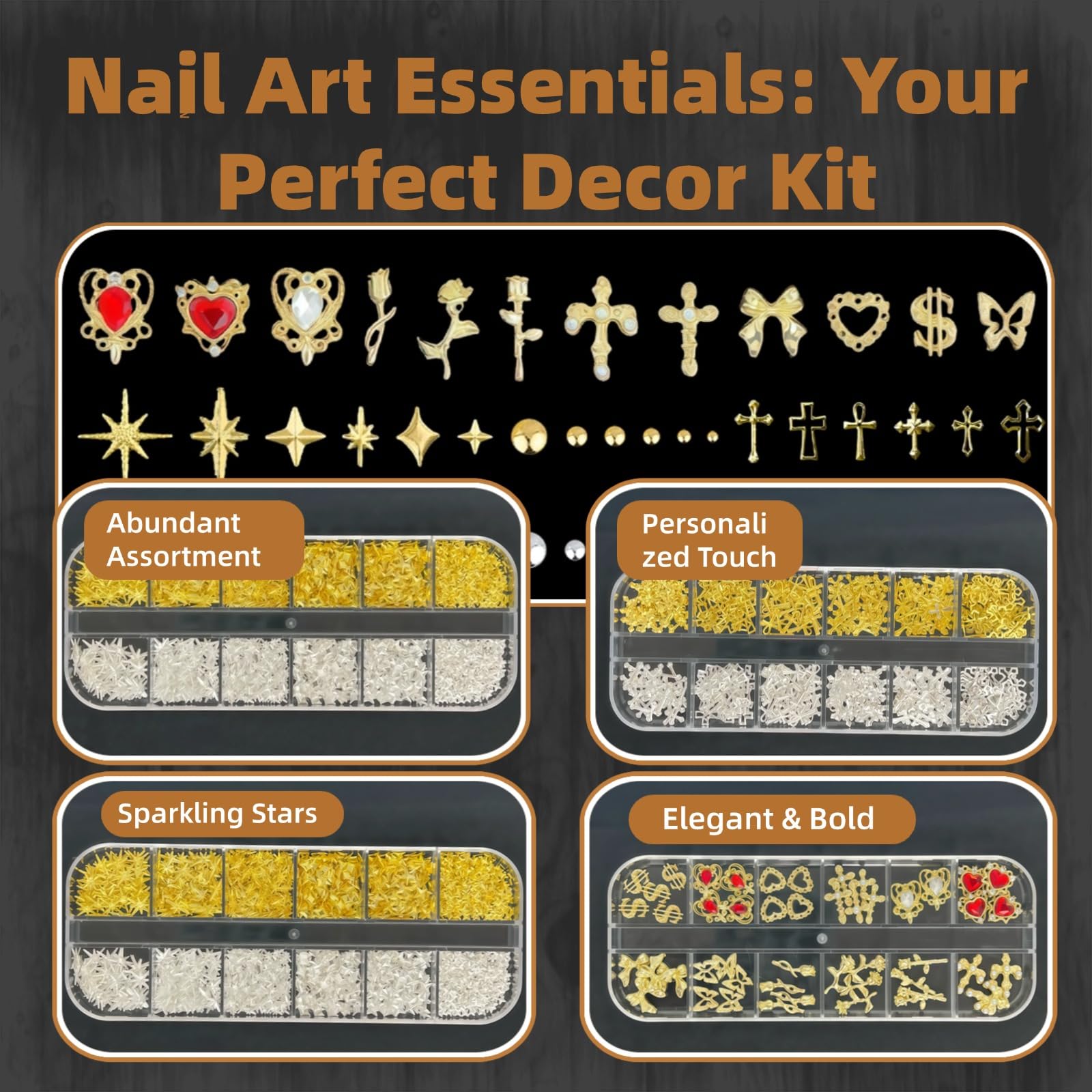 Juego de dijes y gemas doradas para uñas, 4 cajas de gemas para uñas, herramientas de arte de uñas, dijes de cruz 3D, diamantes de imitación de corazón para suministros de uñas, dijes para 2