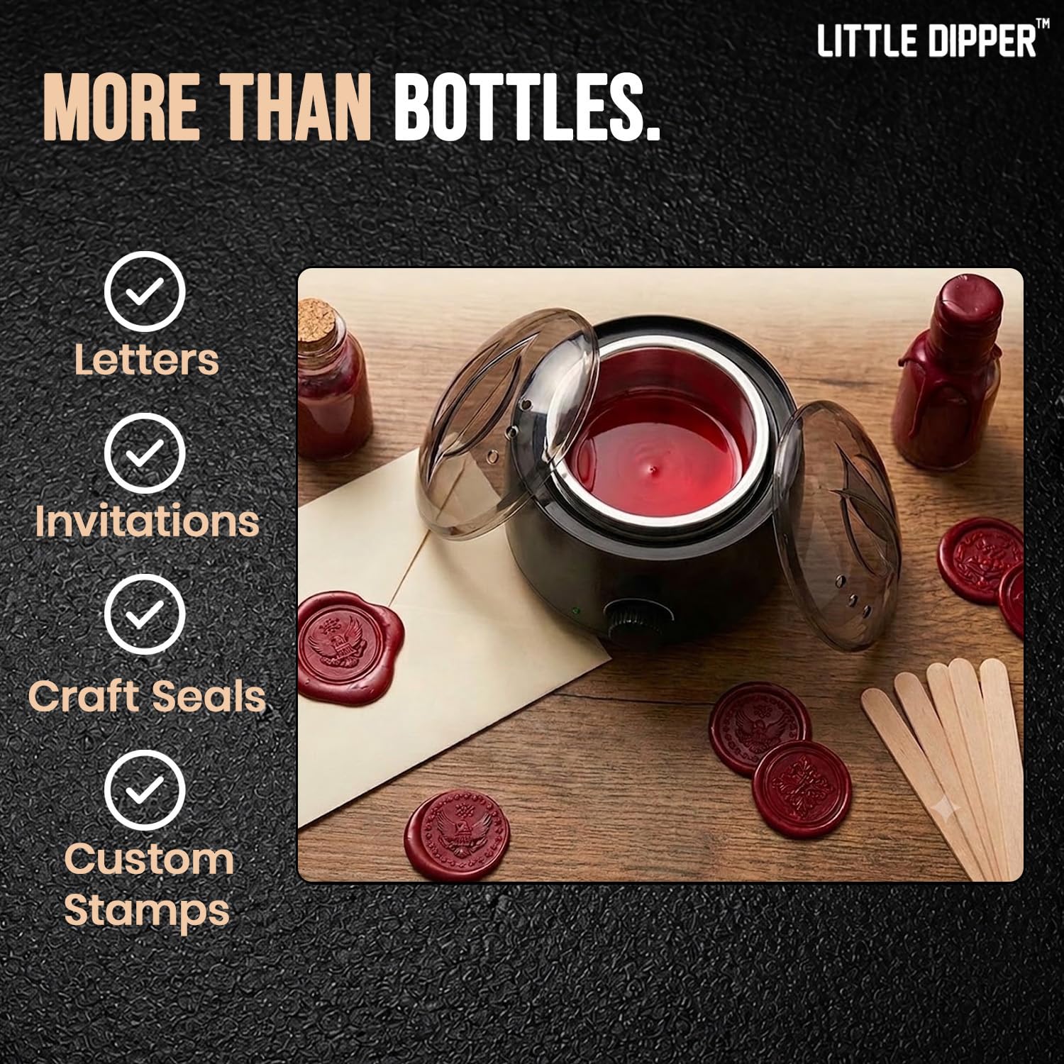 Little Dipper - Kit de cera para sellado de botellas, perfecto para hacer whisky, infusión de alcohol, elaboración de vino casero y embotellado de cerveza Incluye calentador de cera eléctrico,