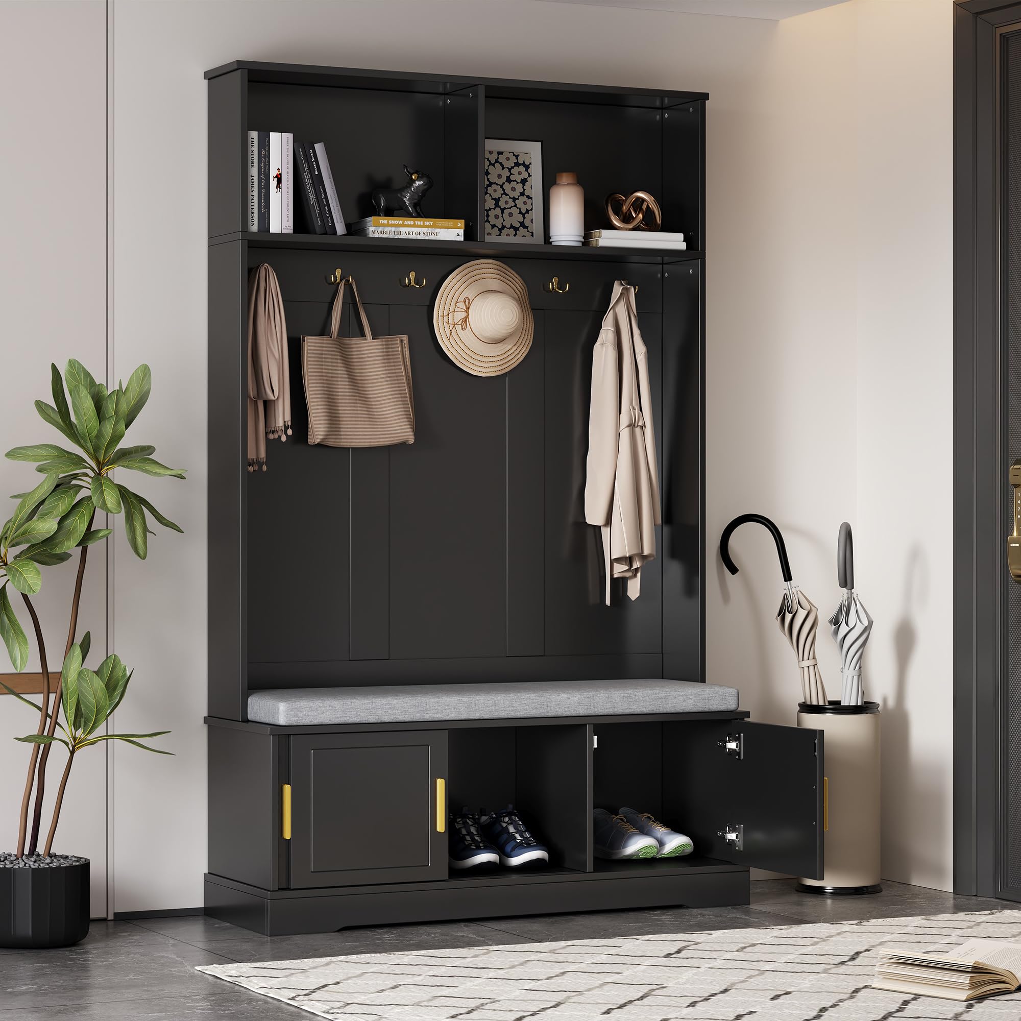Vestiaire D’Entres avec Banc Et Rangement De Chaussures, Meuble D’Entres avec Porte-Manteau, Ferme Moderne Grange Porte 3-en-1 Arbre Hall avec Tabouret Coussiné Et Crochets pour Le Couloir