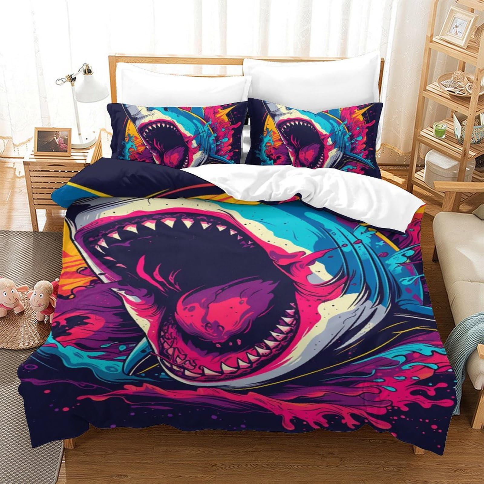 Housse de couette 140x200 requin 3D imprimé avec fermeture éclair lit uni