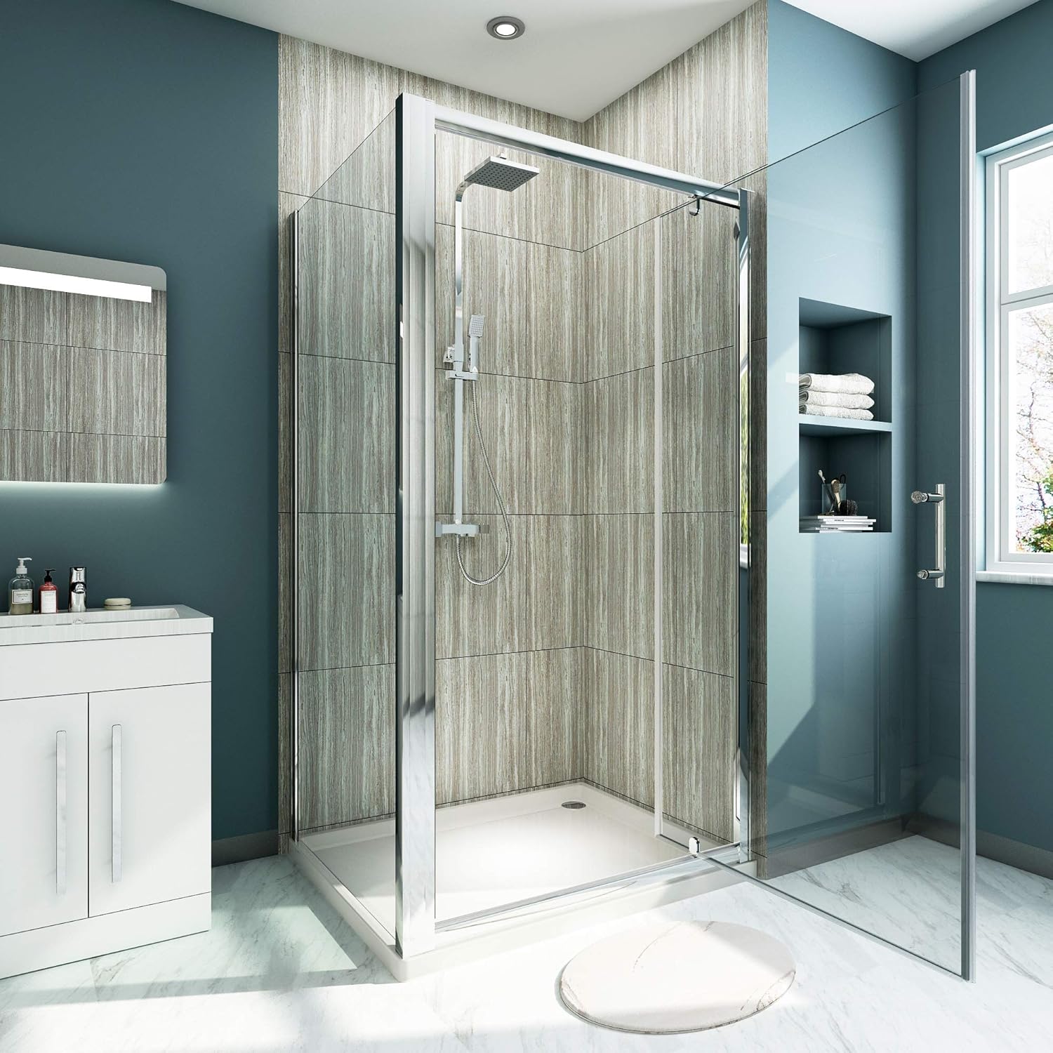 ELEGANT Pivot Hinge Shower Door 6mm Tempered Glass Shower Enclosure