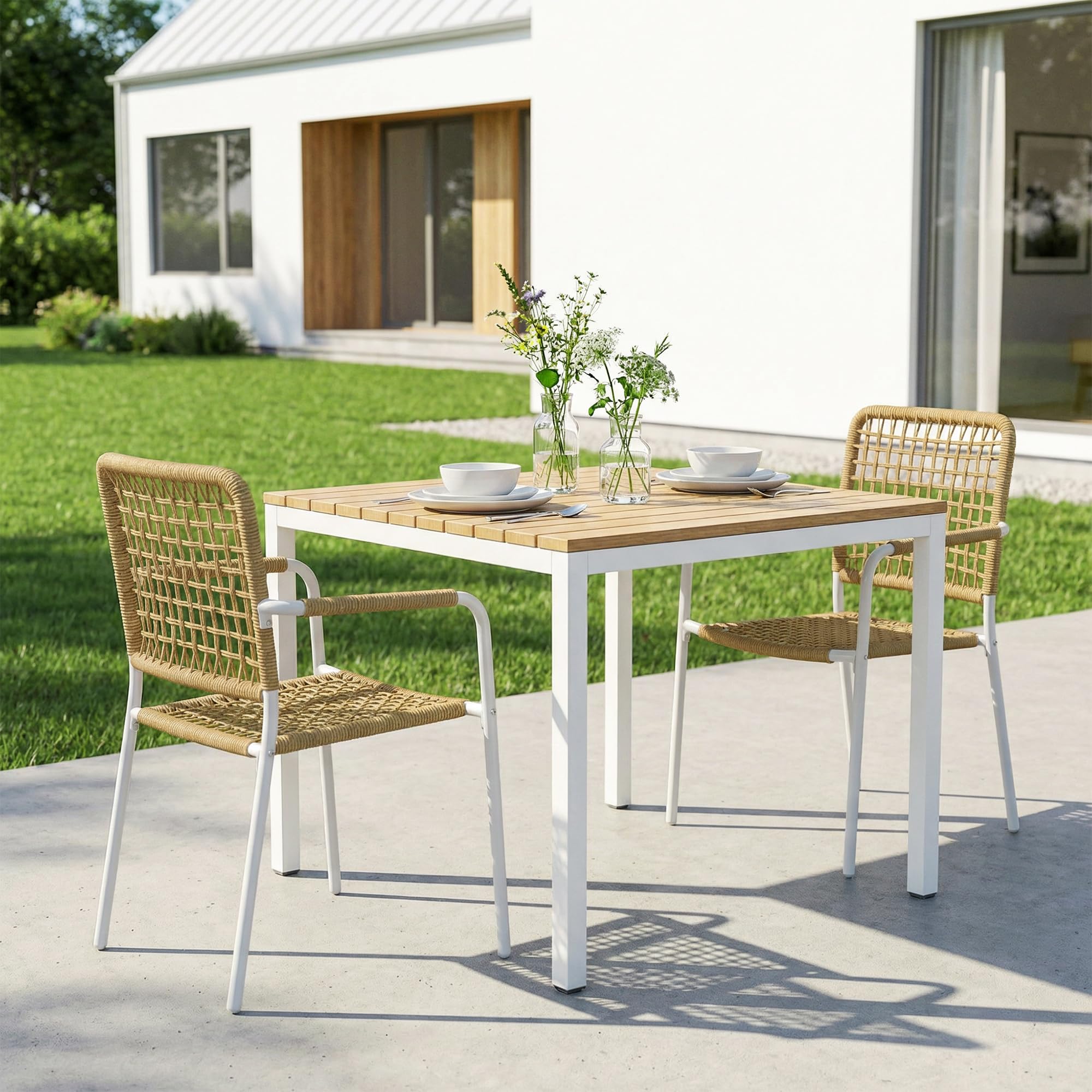 Outsunny Lot de 2 Chaises de Jardin en Résine Tressée Empilables Jaune | Chaise de Salle à Manger, avec Accoudoirs et Dossier, Fauteuil de Jardin Exterieur, pour Balcon Terrasse Patio