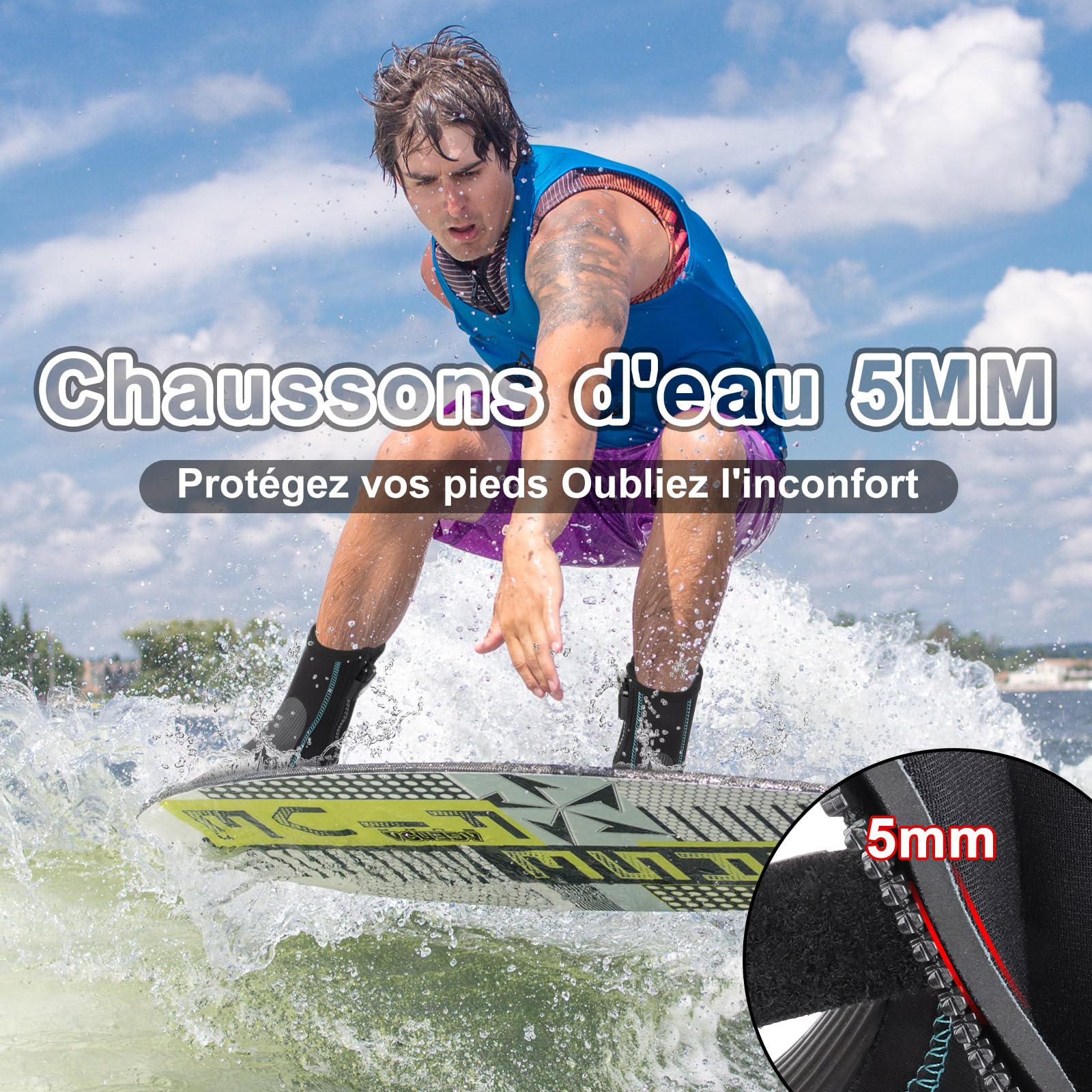 Gimilife Bottes de Plongée 5 mm Neopréne, Chaussures de Plongée Hommes Femmes, pour Plongée Tuba Surf Plage Volley-Ball