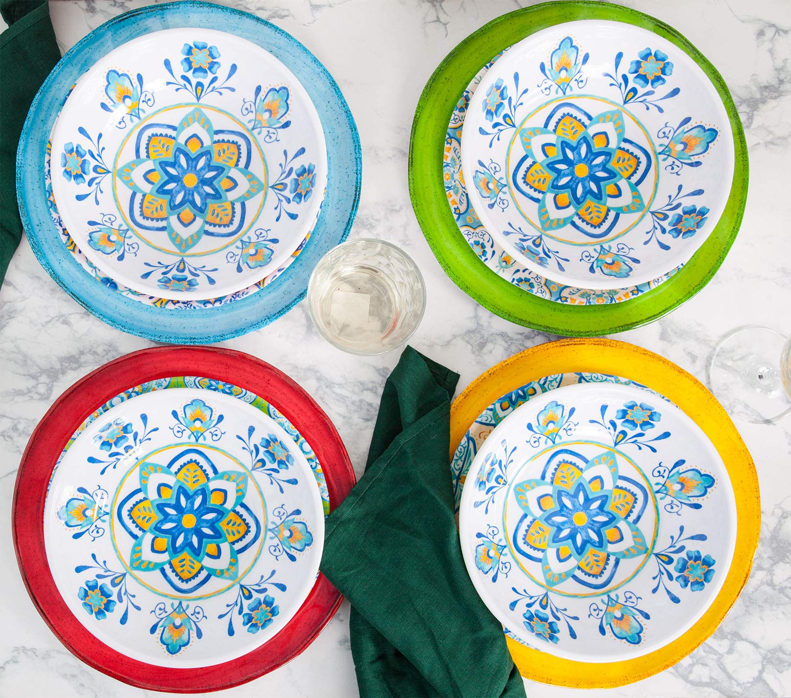 Juego de vajilla de melamina de 12 piezas, duradero, colorido, apto para lavavajillas, a prueba de roturas, resistente a las astillas, no apto para microondas, no horno (multicolor)