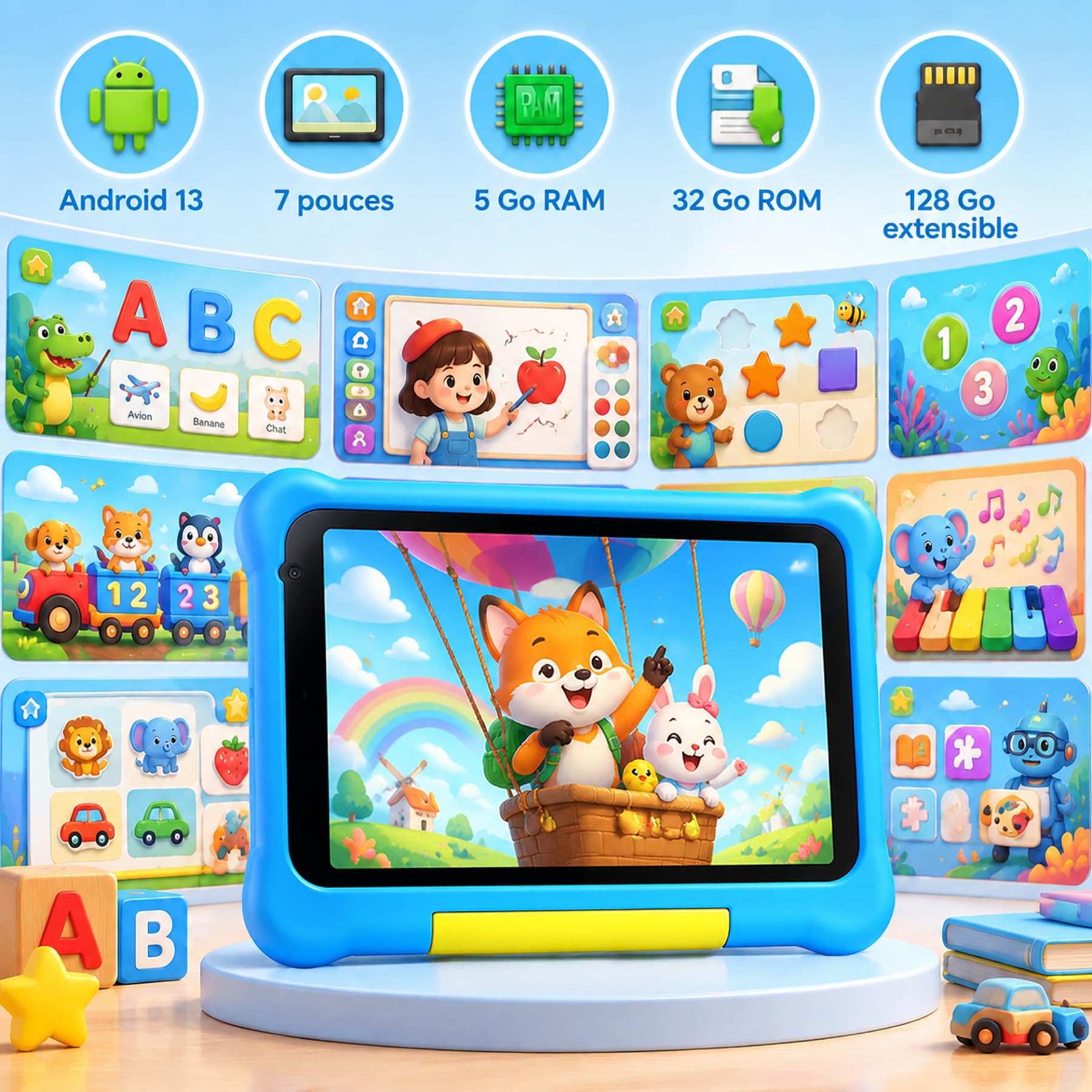 Tablet Bambini 7 Pollici Android Tablet Educativo 5 GB RAM+32 GB, espandibile TF 128 GB, Controllo Parentale, WiFi 6 & Bluetooth, Custodia Antiurto Inclusa, Regalo Ragazza Ragazzo (Blu)