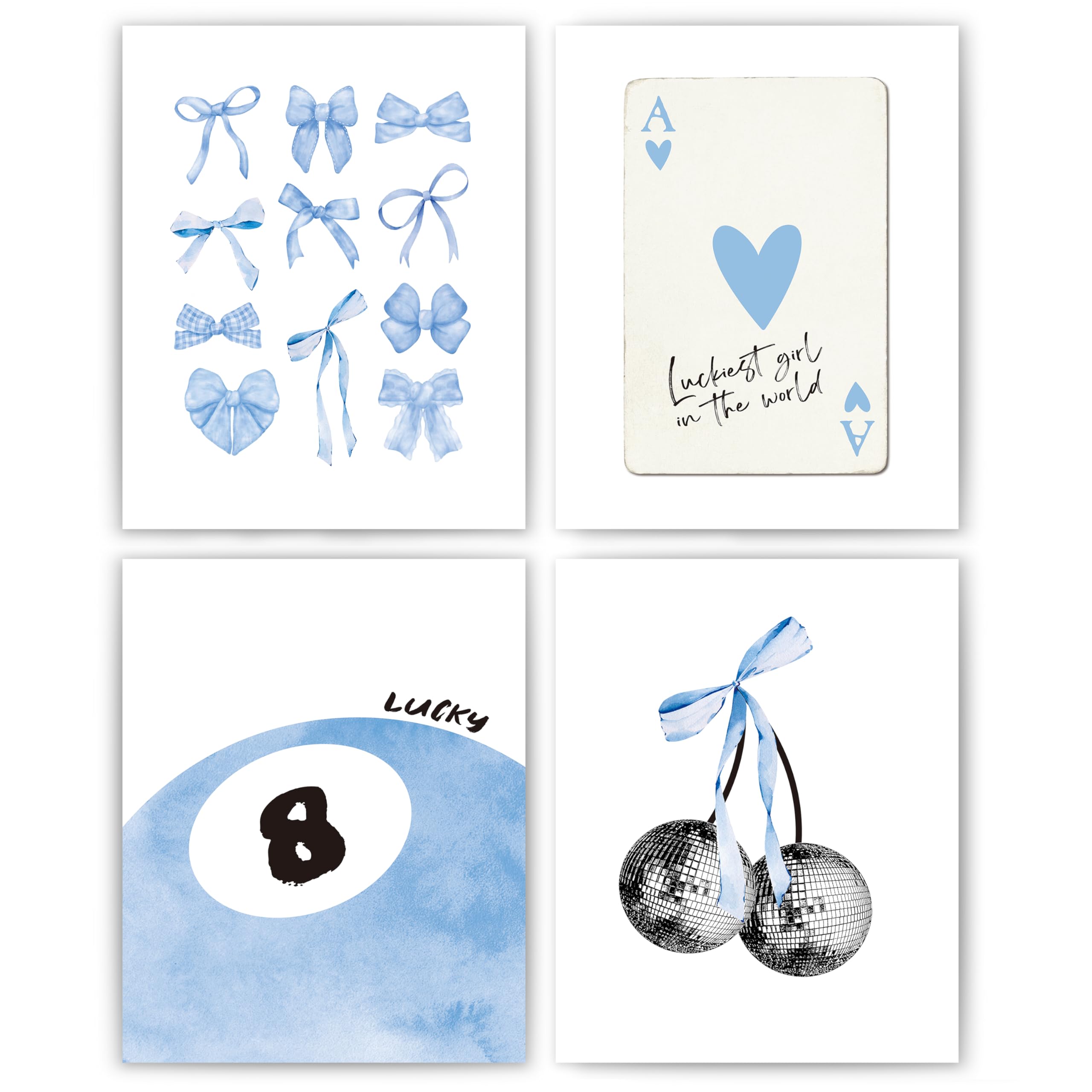 okaxscm Light Blue Coquette Trendy Preppy Wall Art Prints Set of 4, Coquette Preppy Room Decor, Blue Bow Disco 8 Ball Cherry Wall Decor Posters for Girls Bedroom Dorm, 8x10 Unframed