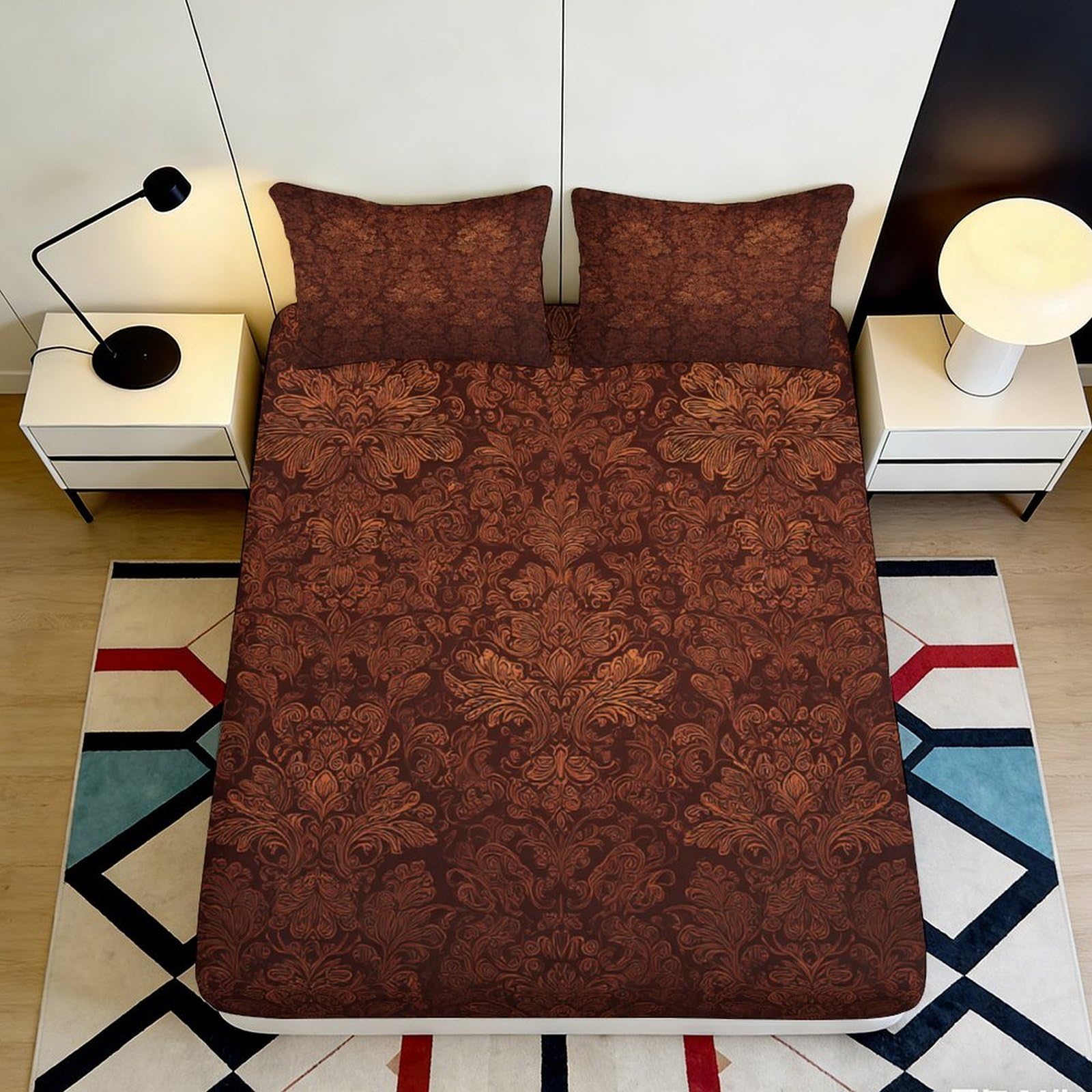 3D Printed Baroque Floral Fitted Sheet Microfiber Soft Brown Damask Mattress Cover for Bedroom Guest Room Decor 120x200x25cm