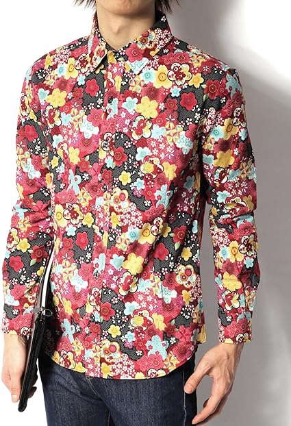 Amazon リピード Repido シャツ メンズ 長袖シャツ 国産シャツ 日本製シャツ 総柄シャツ 和柄シャツ 花柄シャツ 桜 梅 ブロード シャツ 国産和柄長袖シャツ 2 レッド Xl シャツ 通販