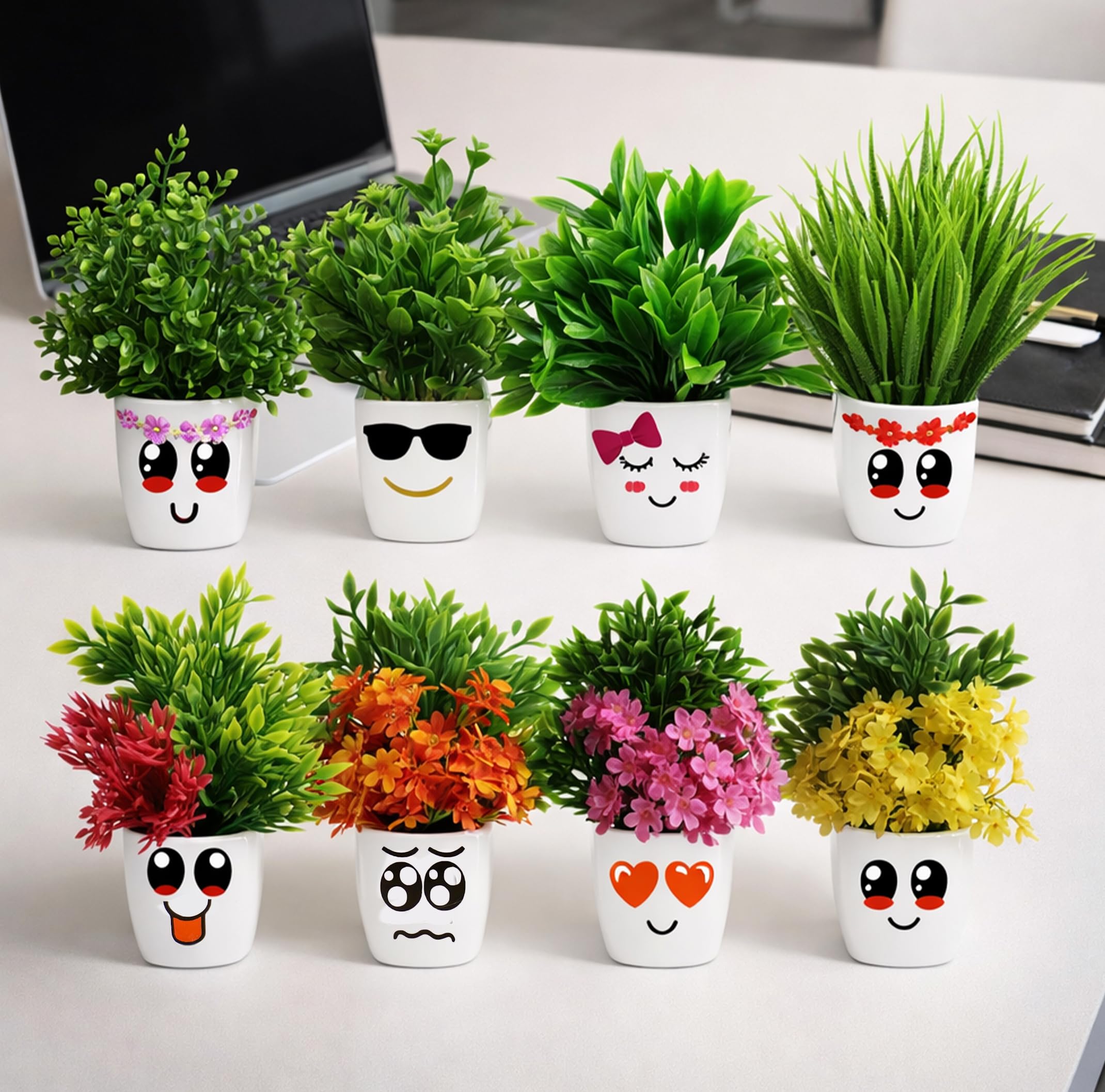 Artificial Plant Set of 8, Small Plastic Potted Plants with Cute Face Pots, 15 cm Multicolor Plant Ideal for Home Office Desk Decoration Cute Flower Pots for Kids & Gifting Faux Plant-image-15