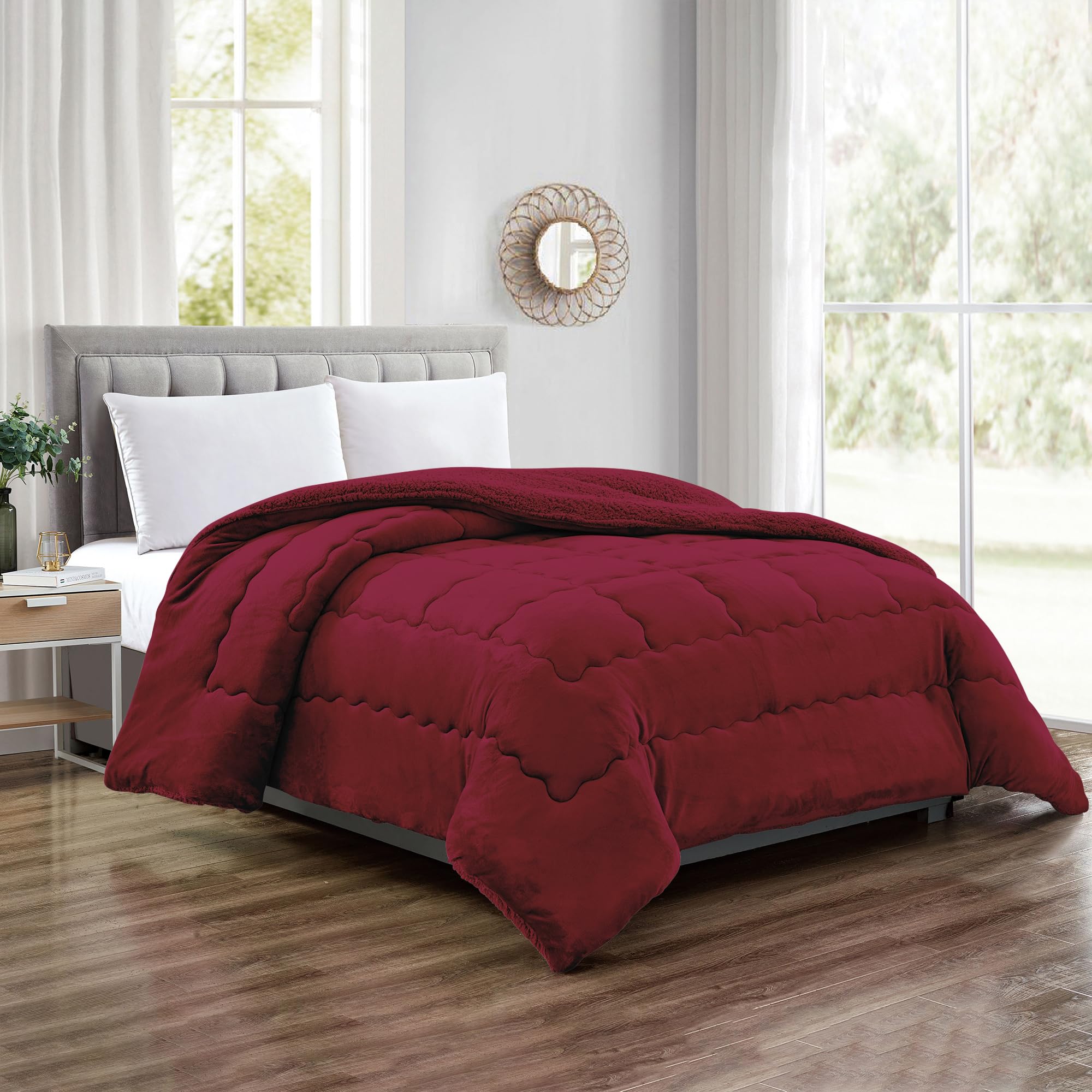 IlGruppone Trapunta Matrimoniale Velluto Retro in Sherpa Piumone Invernale Effetto Piuma 560 Gr/mq Piumino Caldo Due Piazze Inverno Coperta Duck Friendly - Bordeaux