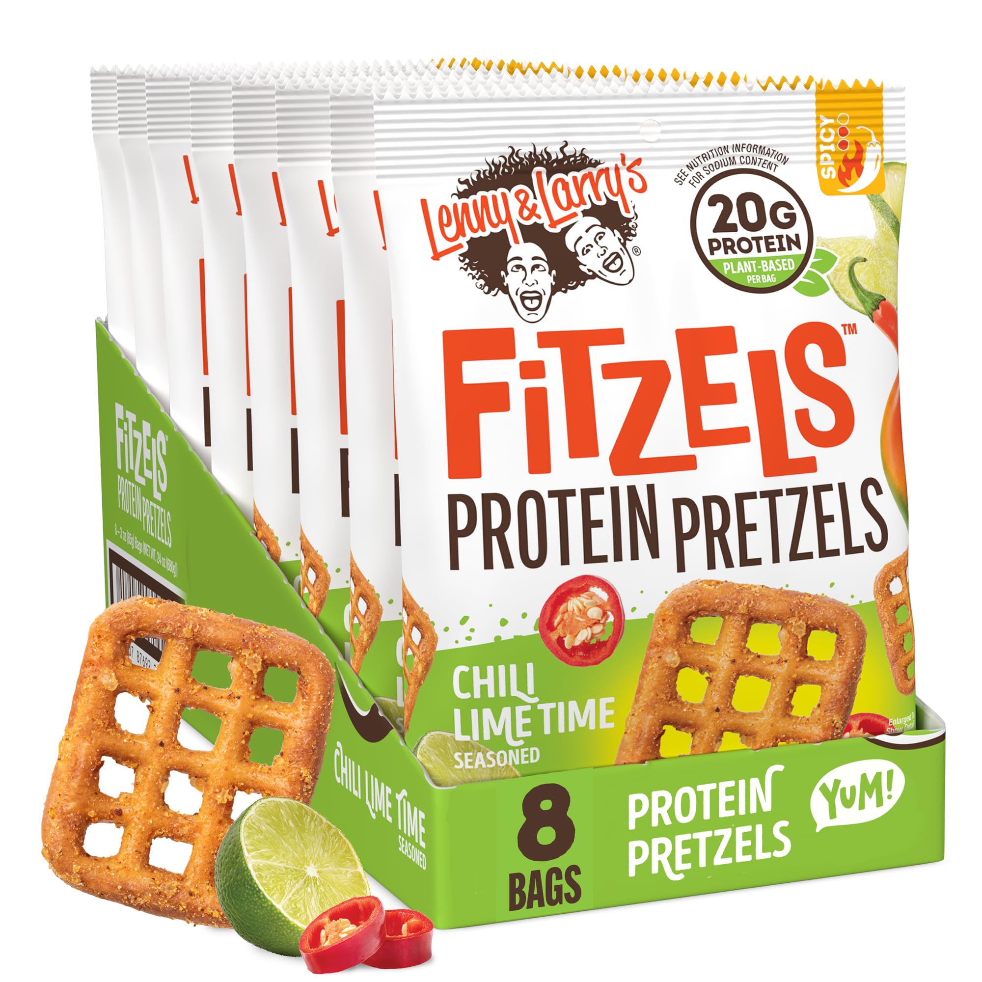 FITZELS Protein Pretzels (Chilli Lime Time) 8 Individual Bags 3 oz Each – High Protein Snacks with 20g of Plant Based Protein – Healthy Vegan Pretzels – Delicious Salty Taste