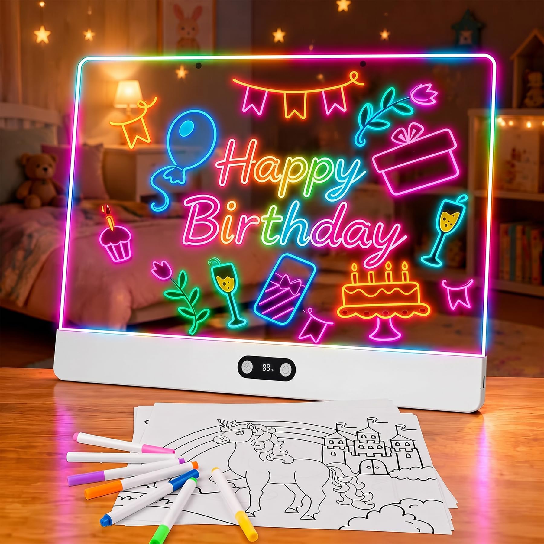 sylvwin Tableau à dessin LED avec couleurs, tableau notes avec 8 couleurs, 3 modes d'éclairage, rechargeable, en acrylique, cadeau créatif, jouet pour enfants/adolescents, blanc
