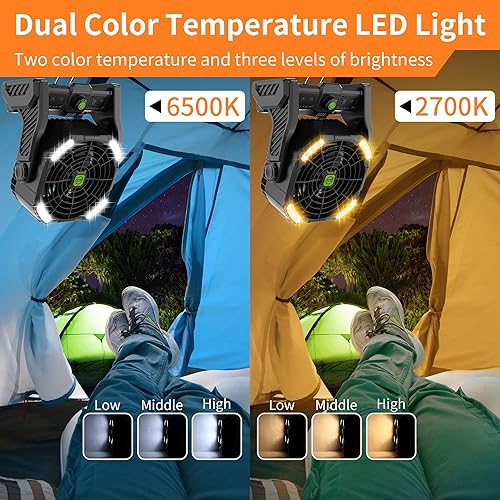 Miniatura 4 de Ventilador portátil para campamento, ventilador portátil recargable para viajes, ventilador alimentado por batería con linterna LED, rotación de