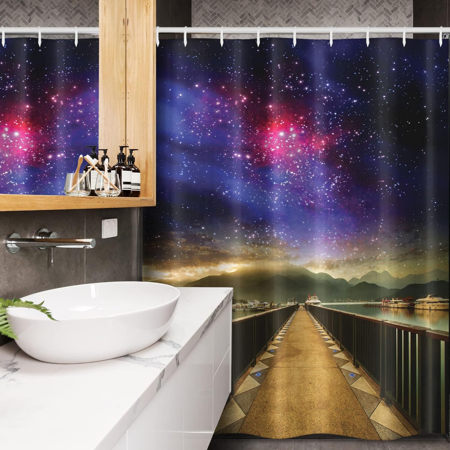 Ambesonne Universe Stall Shower Curtain, Galaxy Cosmos Wooden Bridge Panoramic View Celestial Space Print, Fabric Bathroom Decor Set with Hooks, 54" W x 78" L, Pale Brown Hot Pink